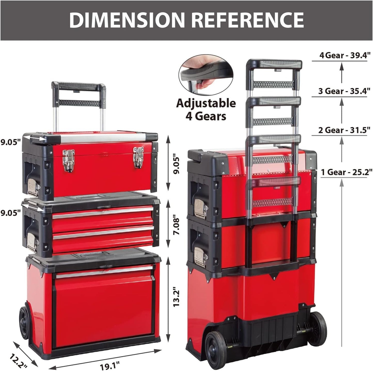 BIG RED Stackable Portable Metal Tool Box Organizer with Wheels and 2 Drawers, Rolling Upright Trolley Tool Chest for Garage or Workshop,Red,ATRJF-C305ABDR