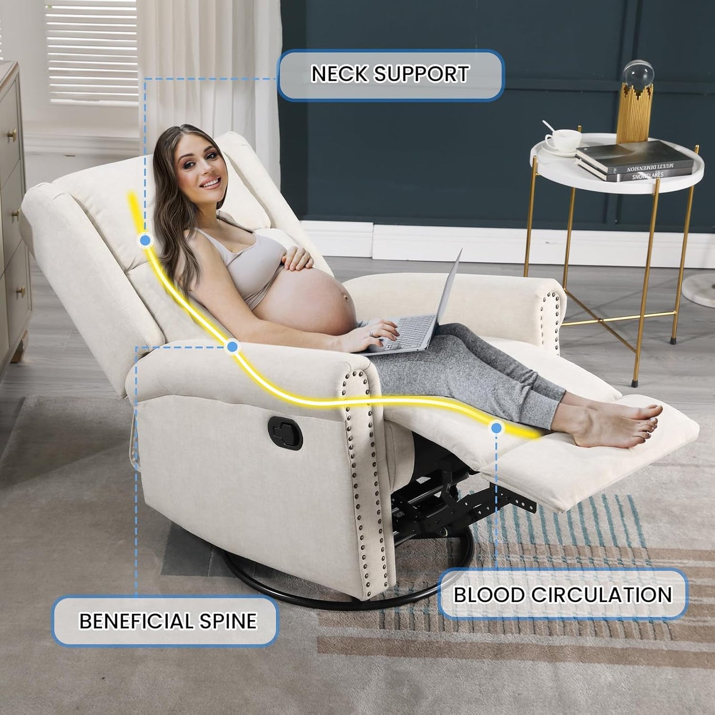 Antetek Swivel Rocking Recliner Chair, Velvet Nursery Glider Chair with Footrest/High Back, Manual Wingback Upholstered Nursery Rocking Chairs for Living Room, Nursery, Bedroom, Ivory