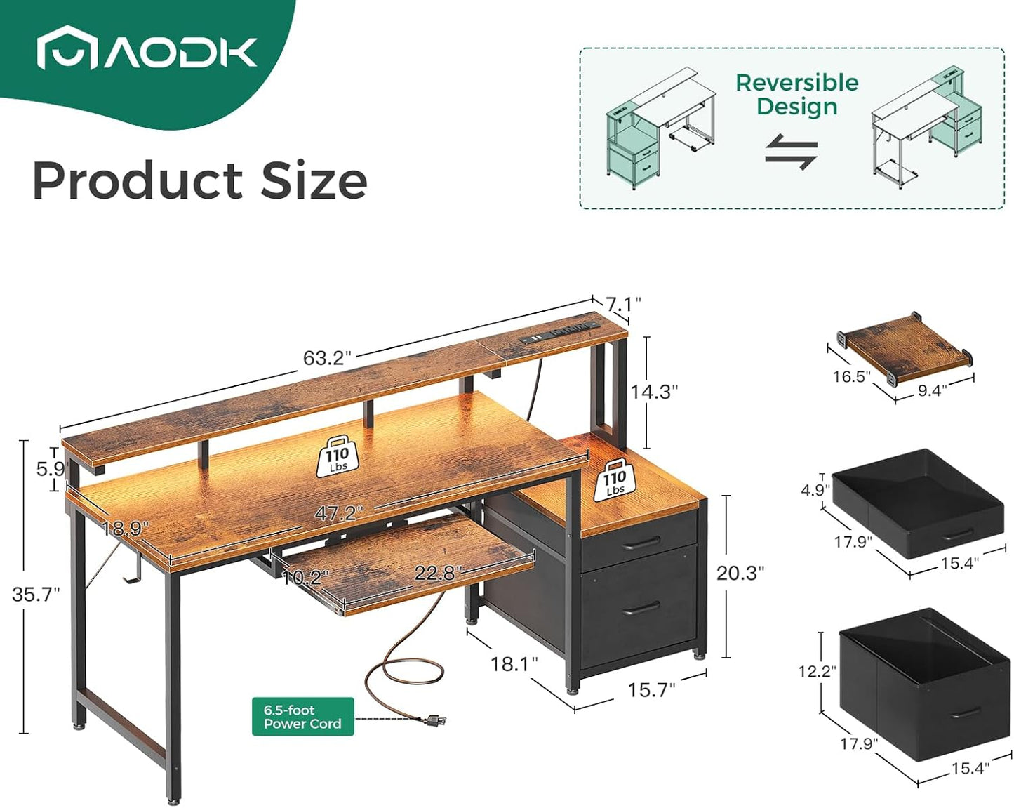 AODK 63-Inch Computer Desk with Power Outlet & LED Light, Reversible Office Desk with File Cabinet and Drawer, Gaming Desk with Keyboard Tray, Study Table with Full Monitor Riser and PC Stand, Vintage