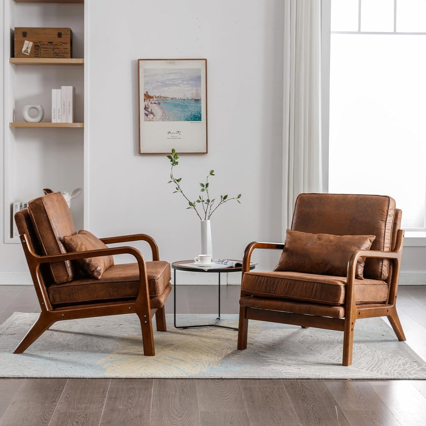 Accent Chair Set of 2- Mid-Century Modern Chairs Living Room Furniture Set Bedroom Reading, Solid Wood Arm Chair Lumber Pillow, Comfy Cushion Ergonomic Lounge Armchair Brown Leather Office Side Chair