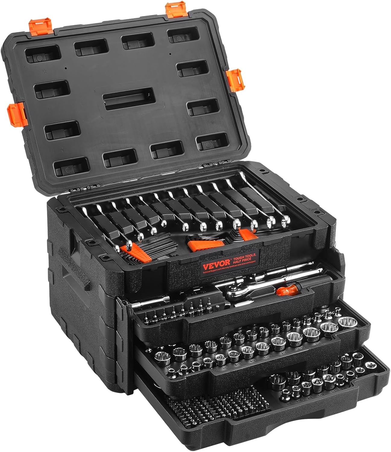 VEVOR Mechanics Tool Set, 1/4" & 3/8"& 1/2" Drive Deep and Standard Sockets, SAE/Metric 205 Pcs Mechanic Tool Kit with Bits, Combination Wrench, Hex Wrenches, Accessories, Storage Case