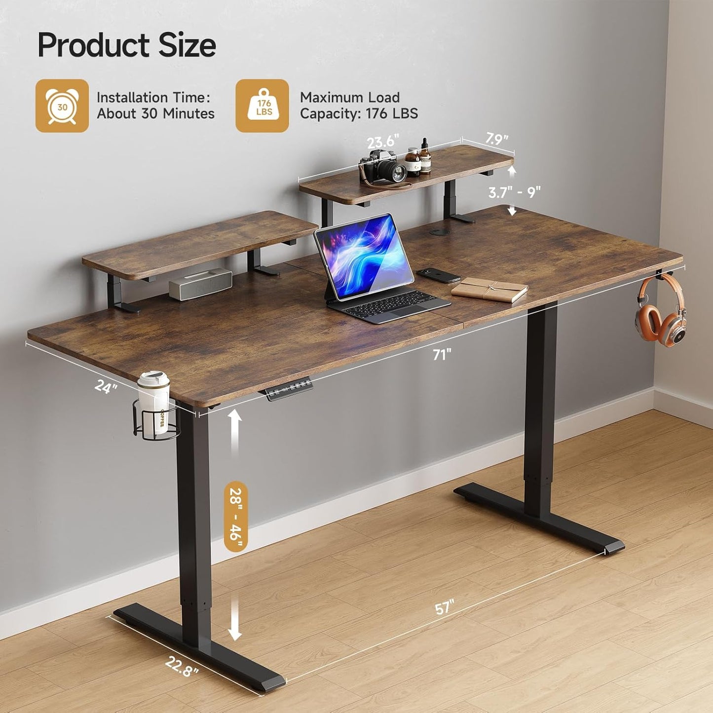 Standing Desk with 2 Adjustable Monitor Shelves, 71 x 24 Inches Electric Stand Up Desk with Memory Controller and Adjustable Height from 28-46 inches for Computer Workstations, Rustic Brown