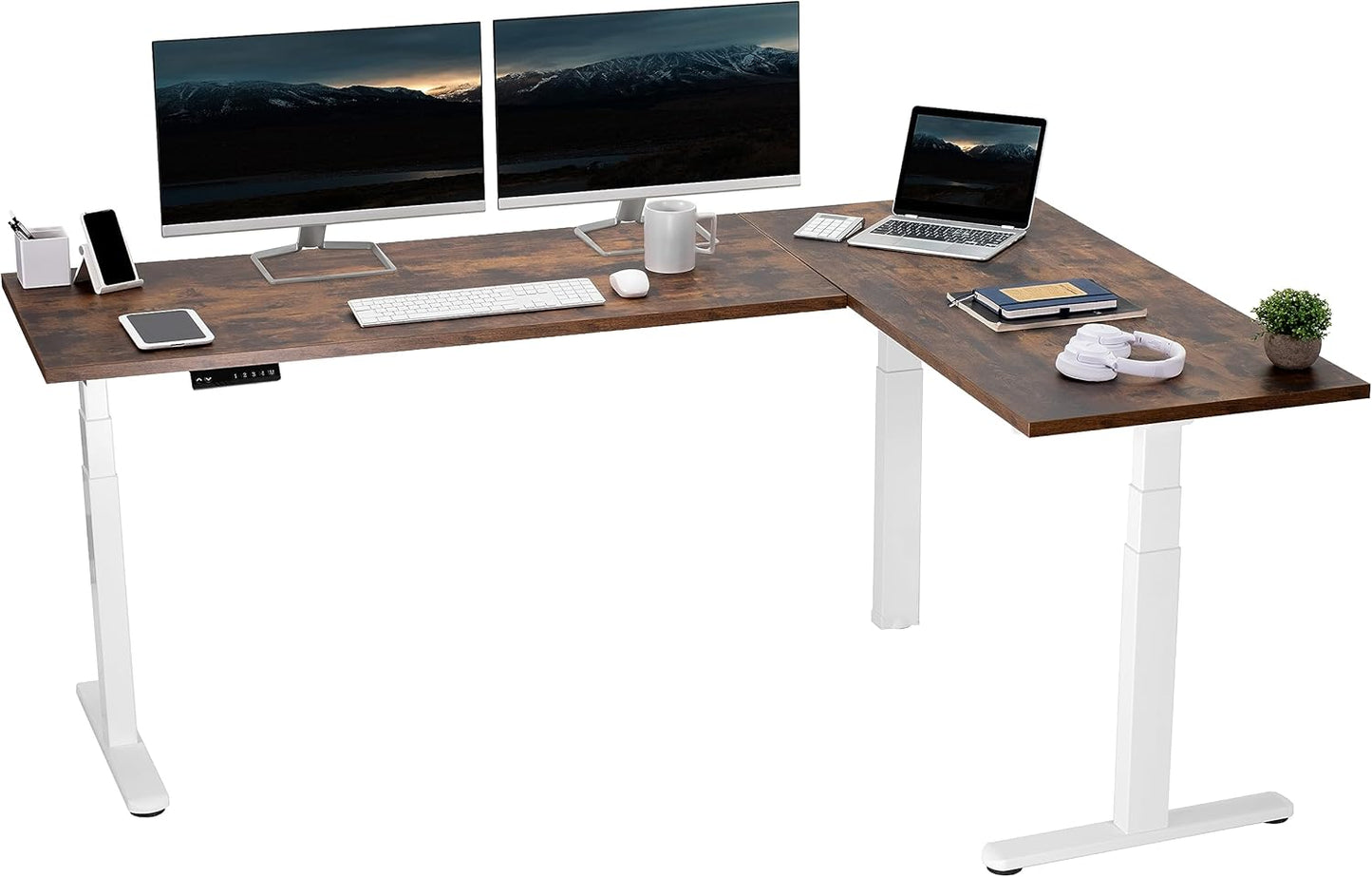 VIVO Electric Height Adjustable 83 x 60 inch Corner Stand Up Desk, 2 Light Wood Solid Table Tops, White Frame, Memory Controller, L-Shaped Workstation, 3E Series, DESK-KIT-3E8C