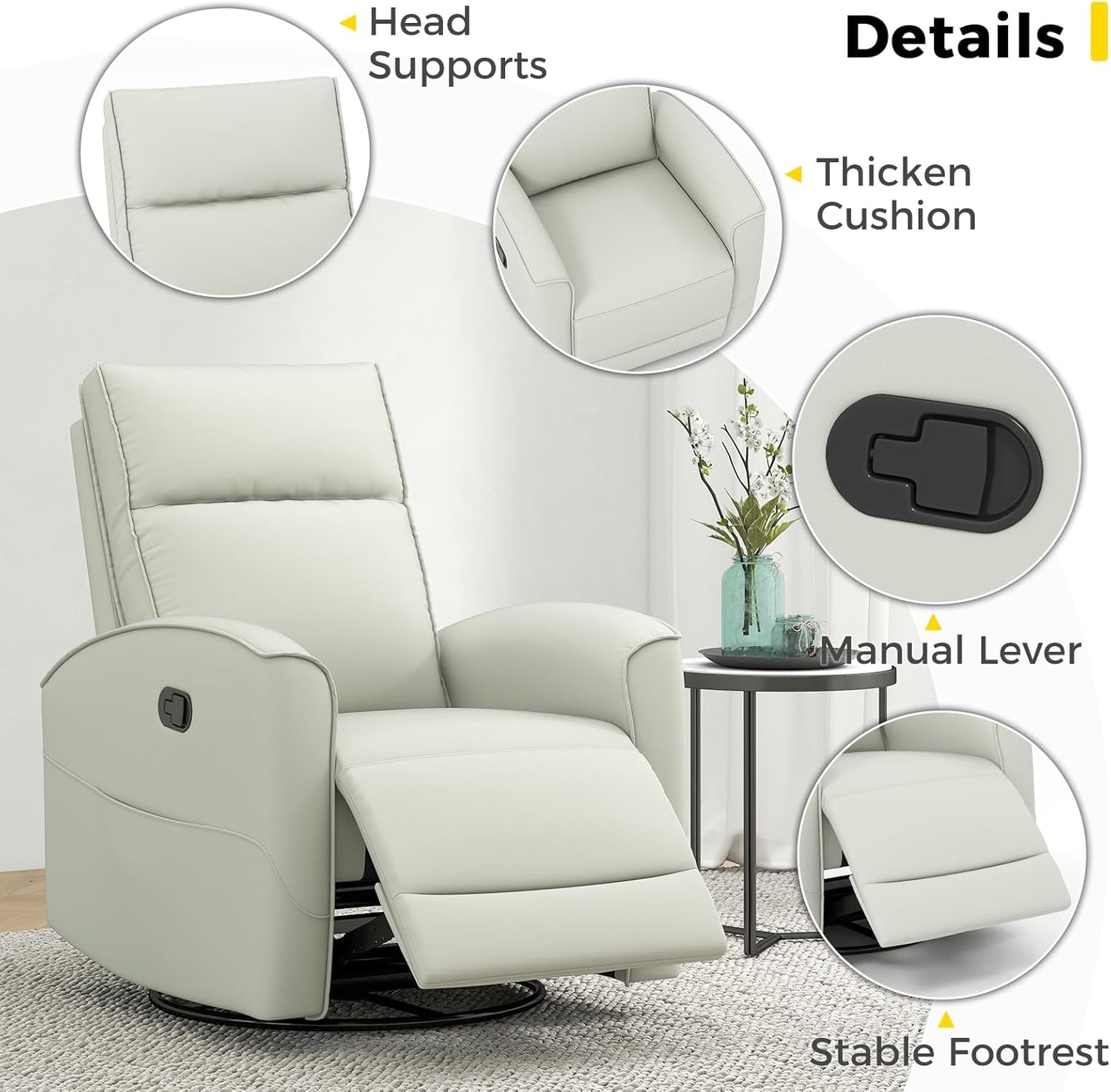 ANJ Manual Swivel Rocker Recliner, Glider Recliners with Padded Armrest and Backrest, Soft Leather Nursery Rocking Recliner Chair Reclining Sofa for Living Room