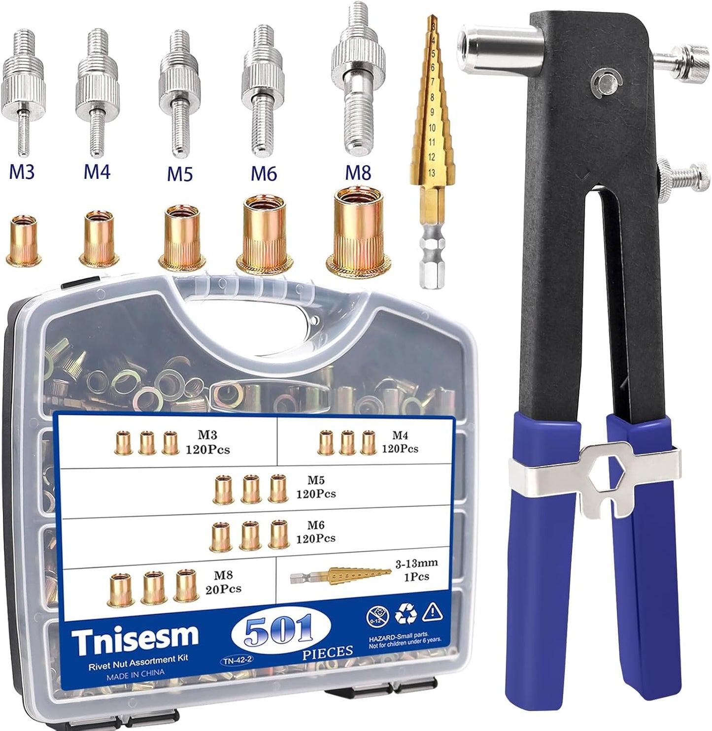 Tnisesm Rivet Nut Tool Kit with 501Pcs Rivet Nuts(10-24,1/4-20, 5/16-18, 3/8-16, M5, M6, M8, M10) 8Pcs Metric & SAE Mandrels, Step Drill Bit and Rugged Carrying Case Nutsert Tool Kit