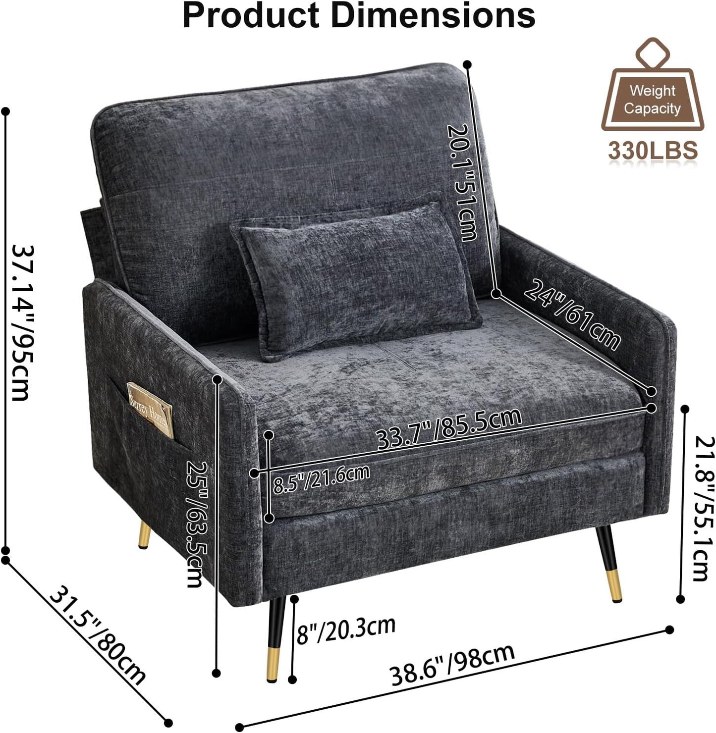 38.6" Wide Oversized Accent Chair with Lumbar Pillow, Modern Chenille Armchair Living Room Chair with 8" Metal Legs, Single Sofa Chair for Bedroom, Living Room, Dark Gray