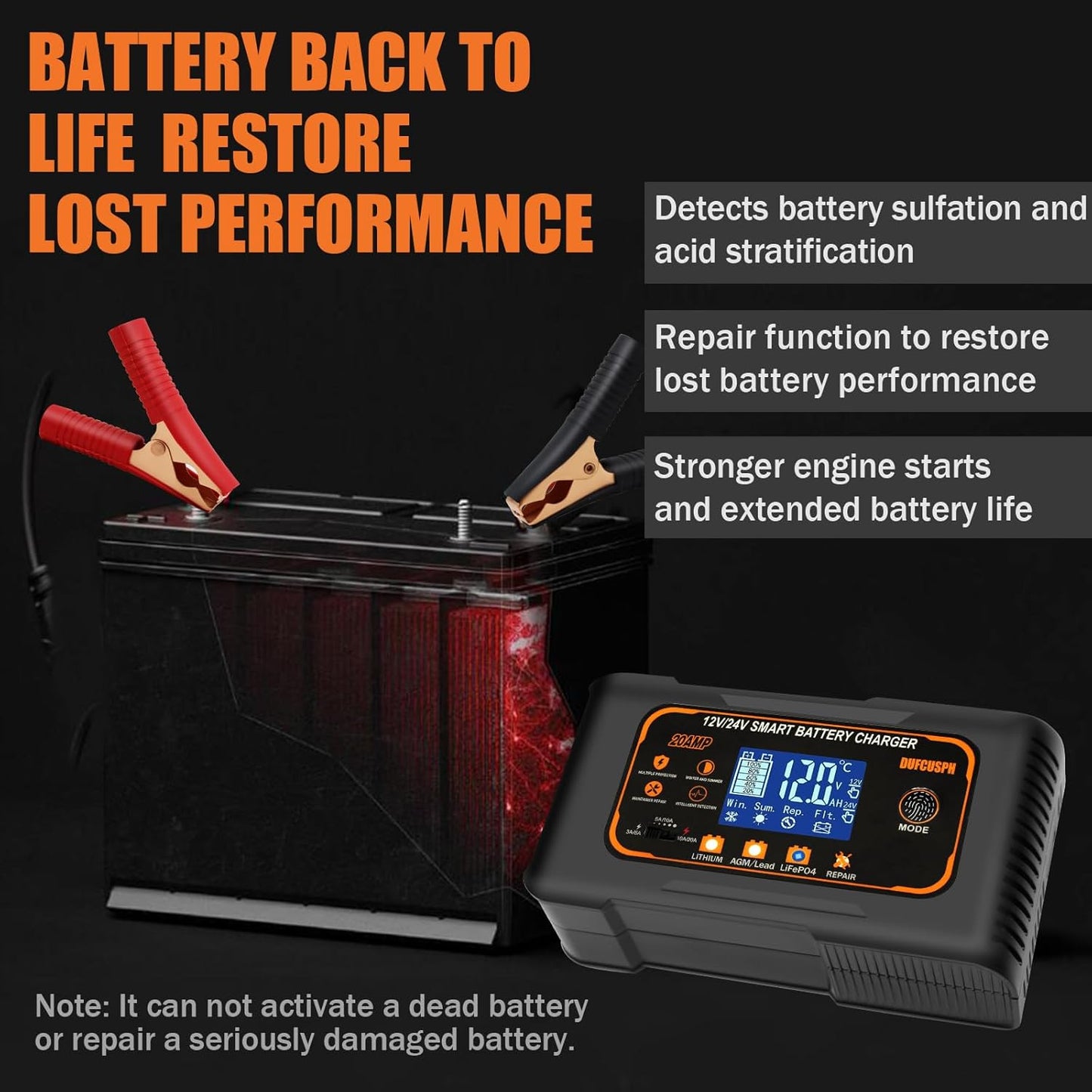20 Amp Smart Battery Charger for Lifepo4 Lithium AGM Gel Batteries - 12V/20A and 24V/10A Trickle Charger, Maintainer for Boat, Motorcycle, Lawn Mower, Golf Cart