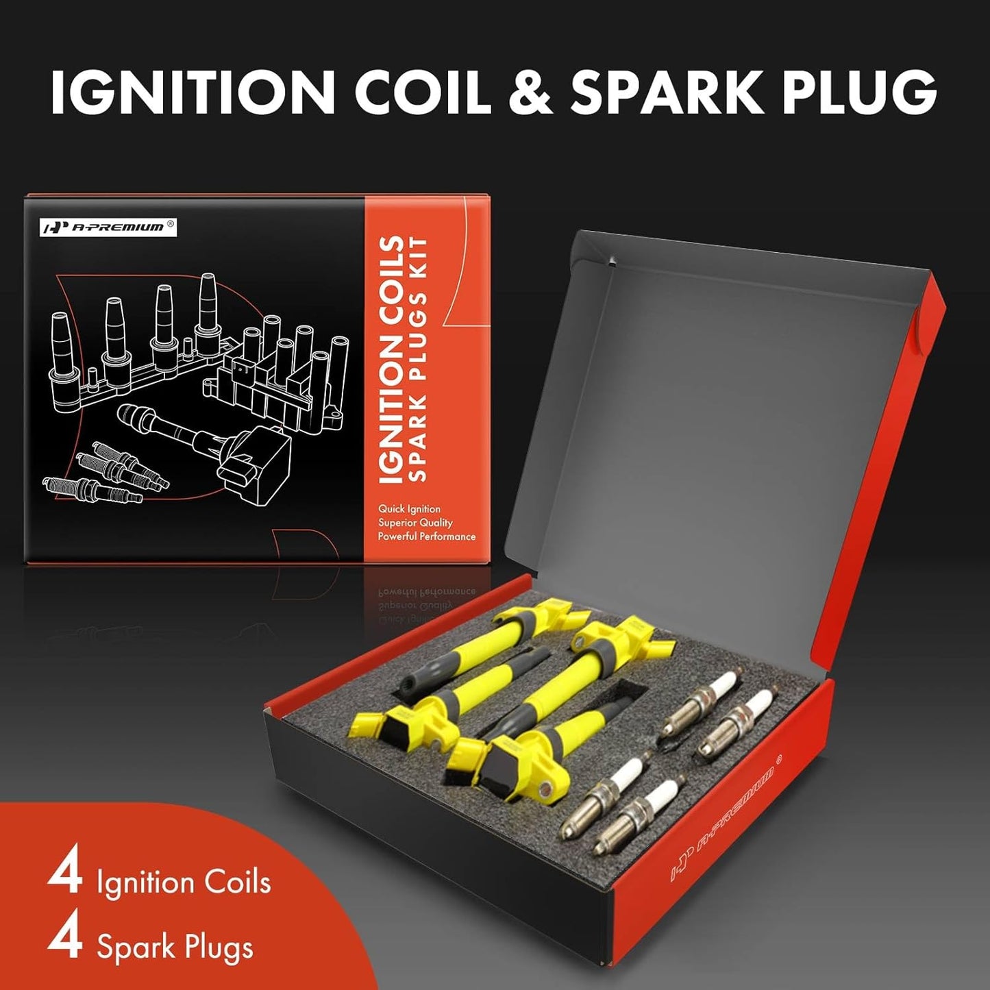 A-Premium (Yellow) Set of 8 Ignition Coil Pack and Iridium Spark Plugs Compatible with Hyundai Sonata 2011-2014, Santa Fe Sport 2013-2015 & Kia Optima 2011-2015, Sportage 2011-2016, 2.0L