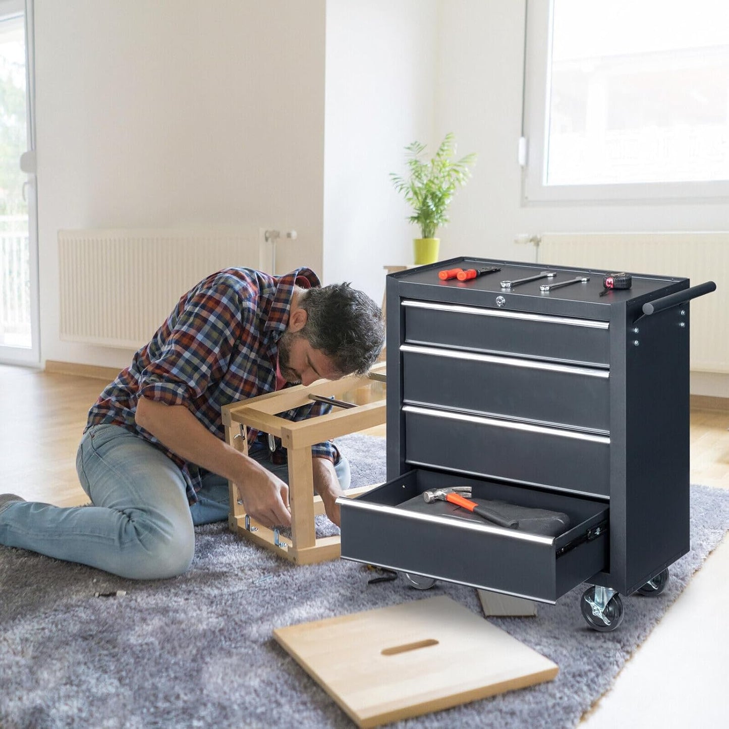 Winado 4-Drawer Tool Chest with Wheels & Lock & Key, Heavy Duty Cart Rolling Tool Box on Wheels, Metal Storage Cabinet, Rolling Tool Cart with Drawers for Garage, Warehouse & Repair Shop