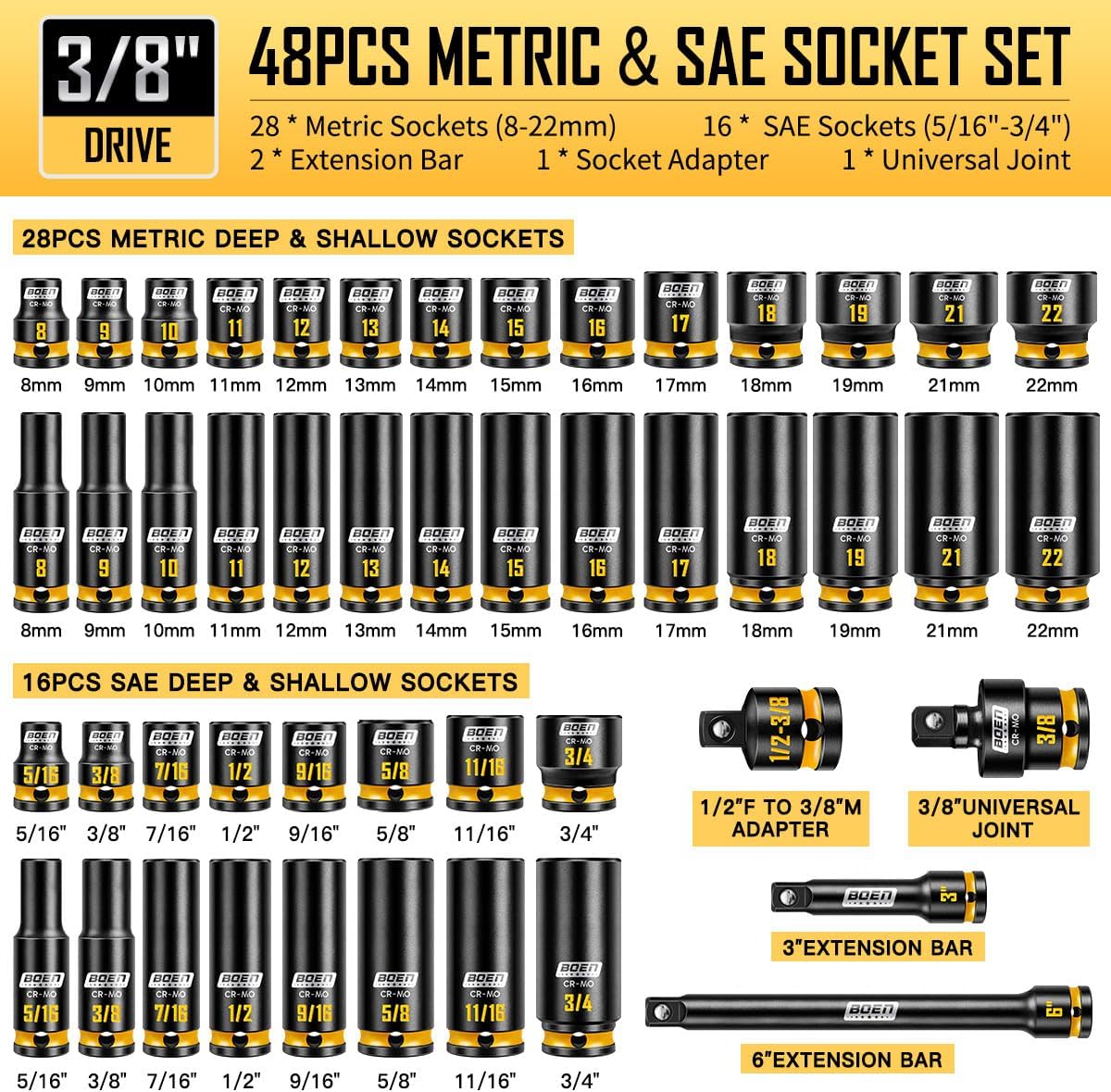 boen 3/8" Drive Impact Socket Set, 48-Piece Metric & SAE Size (8-22mm & 5/16"-3/4"), 6-Point Deep & Shallow Socket Set with Extension Bars, Adapter and Universal Joint, CR-MO Steel