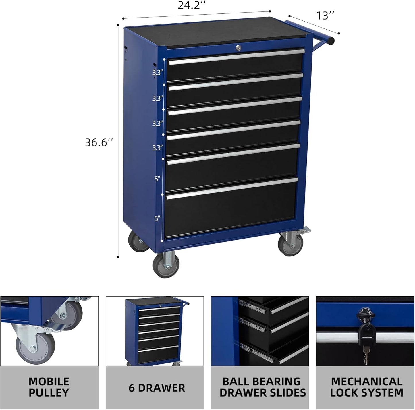 6-Drawer Rolling Tool Chest Cabinet, Large Capacity Metal Tool Box with Wheels and Locking, Roll Around Storage Organizer Tool Cart for Garage, Warehouse, Work Shop - Blue