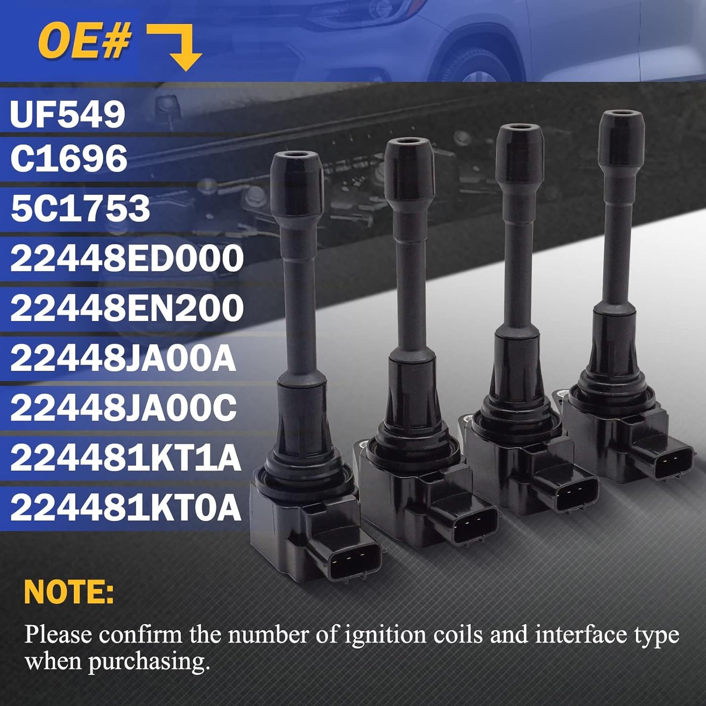 UF549 Pack of 4 Ignition Coil Packs Fit For 2007-2019 Nissan Altima Versa Sentra Rogue Cube NV200 Pathfinder Infiniti FX50 M56 QX60 QX70 1.6L 1.8L 2.0L 2.5L l4 C1696 5C1753