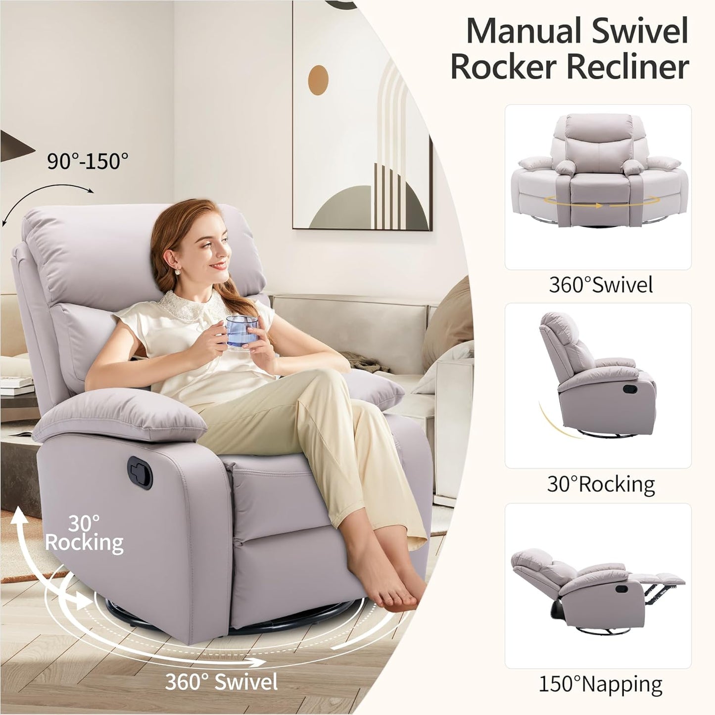 Swivel Rocker Recliner Chair, Rocking Chairs with Microfiber Leather, Small Manual Recliner Chair for Living Room, Nursery, Bedroom, RV, Beige