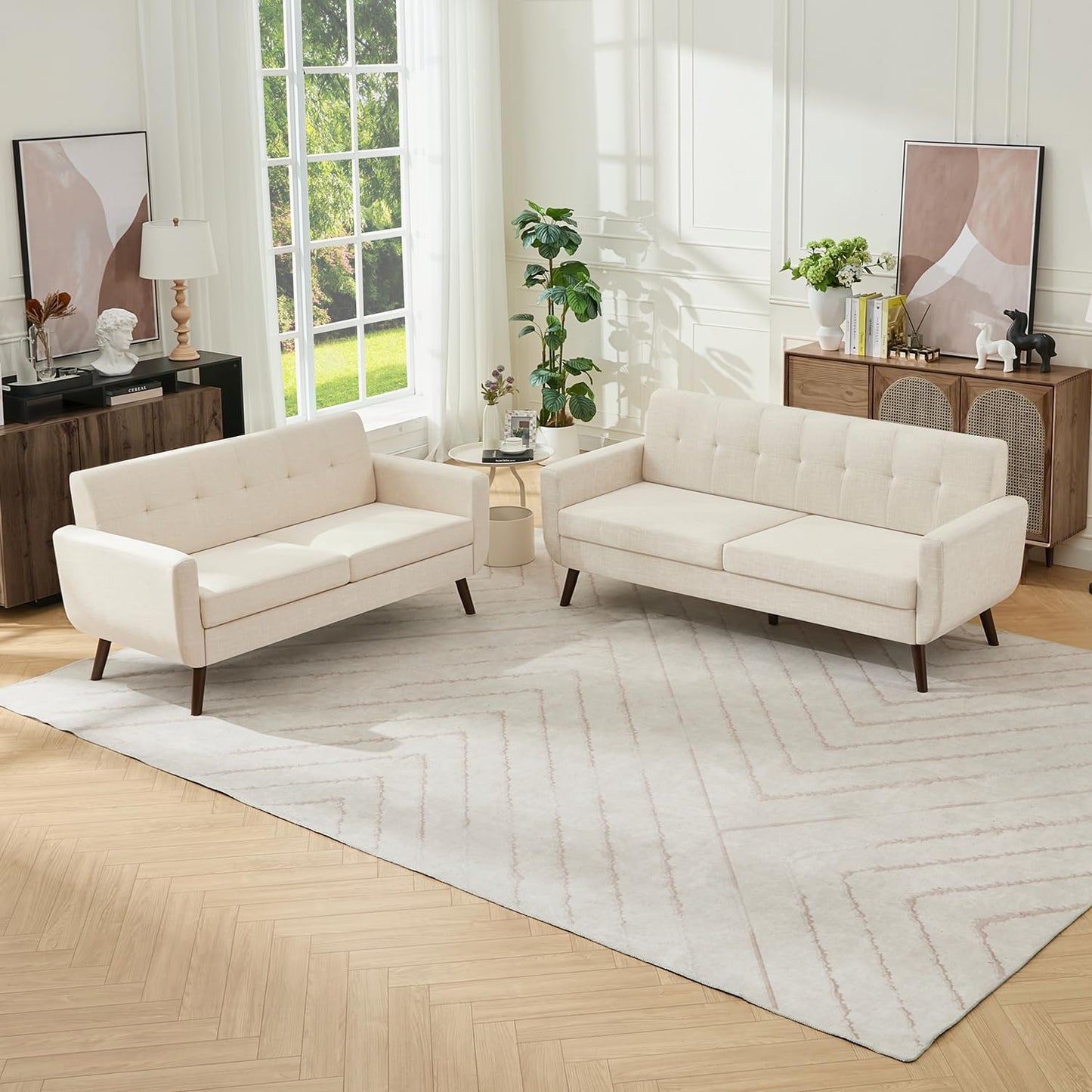 Tbfit 65" W Loveseat Sofa, Mid Century Modern Decor Love Seat Couches for Living Room, Button Tufted Upholstered Small Couch for Bedroom, Solid and Easy to Install Love Seats Furniture, Beige