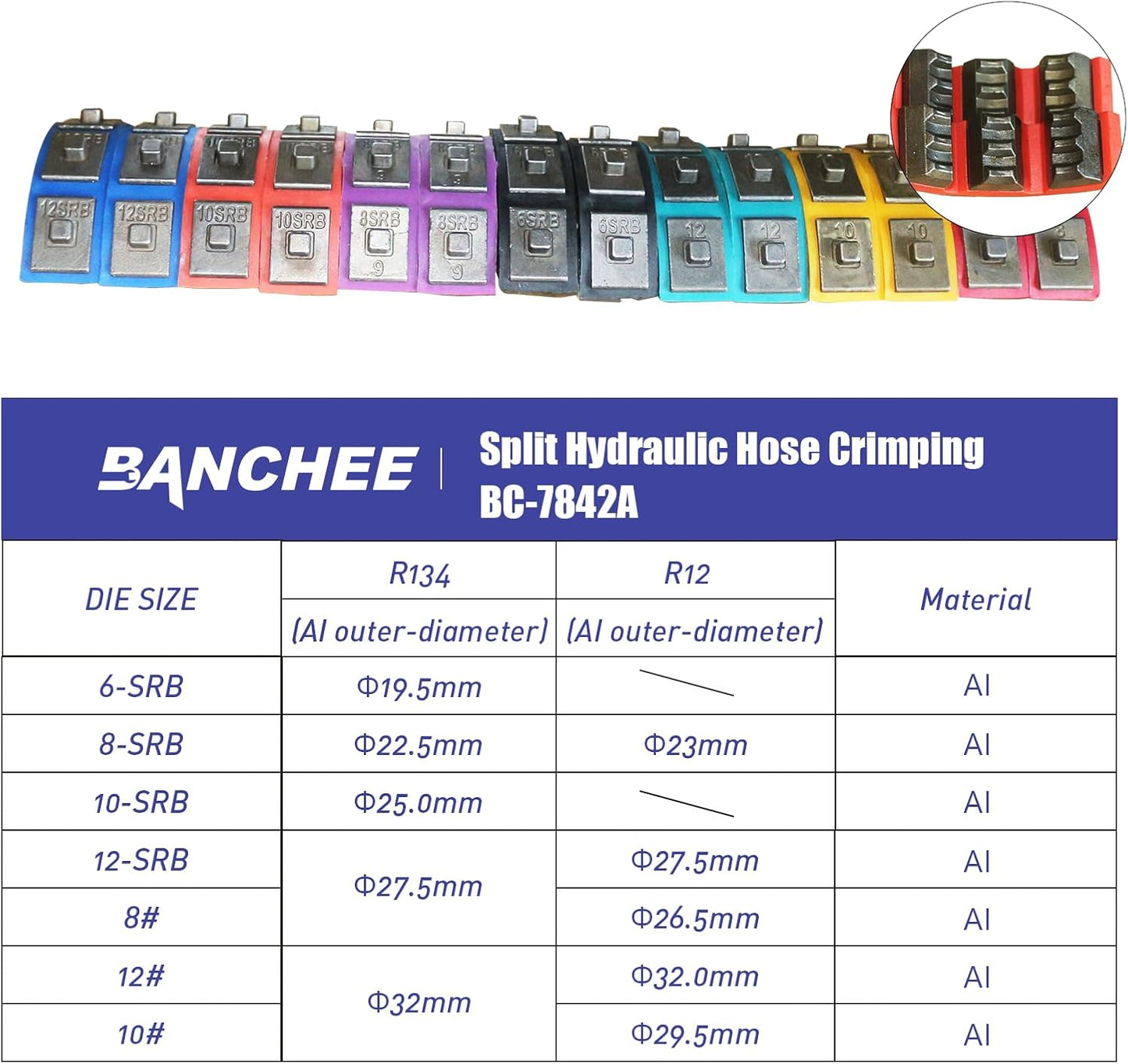 BANCHEE hydraulic hose crimping tool AC Crimping Tool for Barbed and Beaded Hose Fittings, Air Conditioning Repaire Ac Hose Crimper with 7 Die Set (BC-7842P)