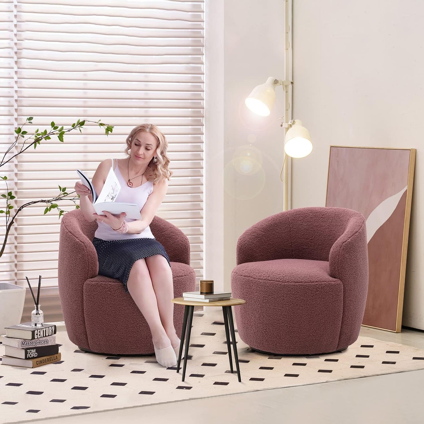 Antetek 2 Units Swivel Chair, Round Accent Sofa Chair, Club 360 Degree Swivel Barrel Chair, Modern Teddy Farbic Leisure Arm Chair for Nursery, Living Room, Hotel, Bedroom, Office, Lounge, Ivory