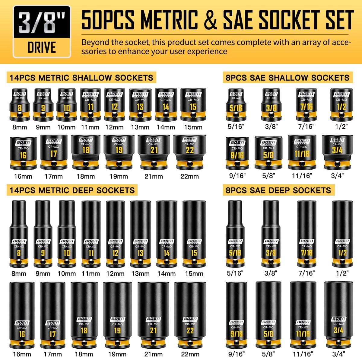 boen 3/8'' Drive Impact Socket Set, 50PCS Standard SAE (5/16 to 3/4 inch) and Metric (8mm-22mm), Deep & Shallow Size, 6-Point with Yellow Embossed Marking, CR-MO