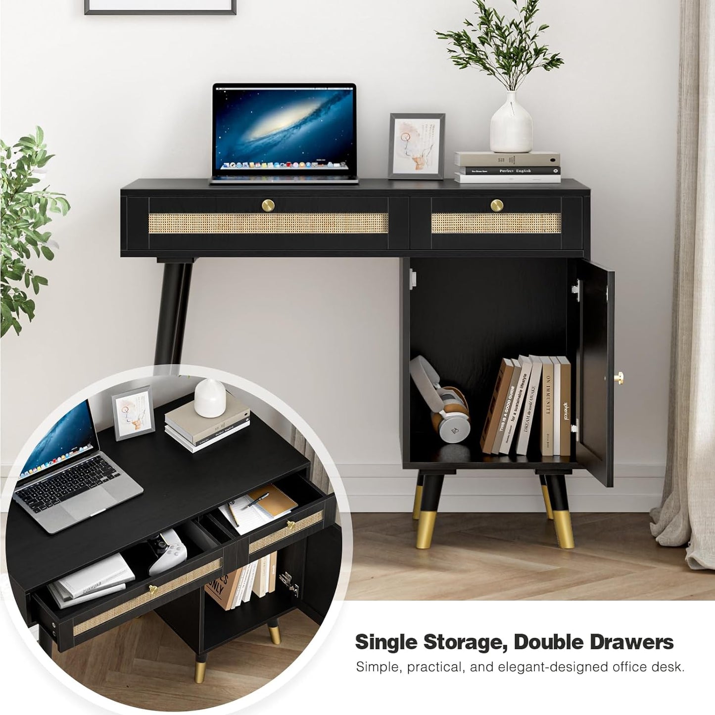 Anmytek Rattan Vanity Desk with Drawers and Storage, Black Makeup Vanity Table Modern Home Office Desk Computer Desk for Study D0005