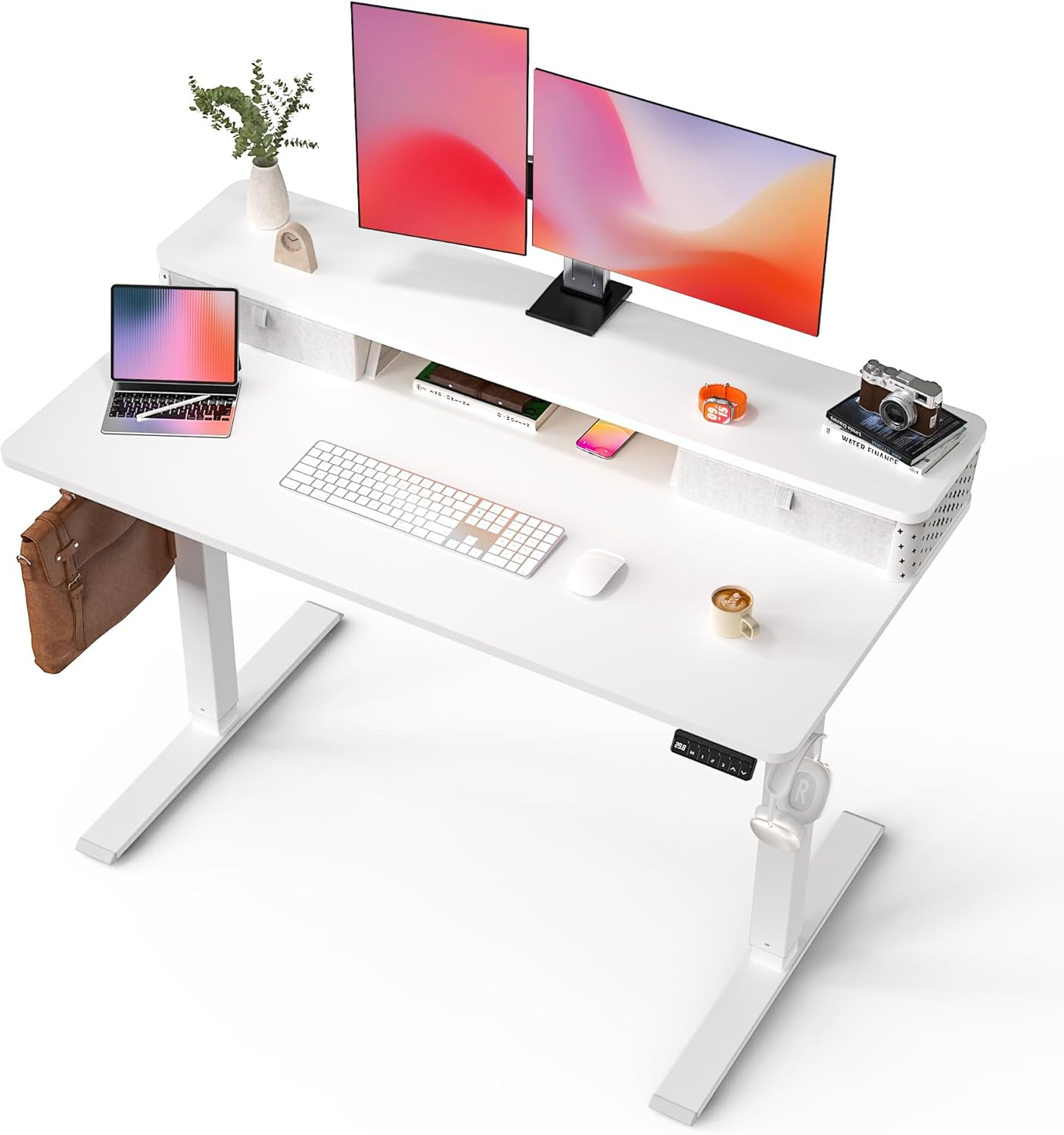 35x20 Inch Standing Desk with Double Drawers, C-Clamp Mount Compatible, Electric Adjustable Height Computer Stand Up Desks, Home Office Sit Stand Table with 3 Preset Heights & 2 Hooks, Black