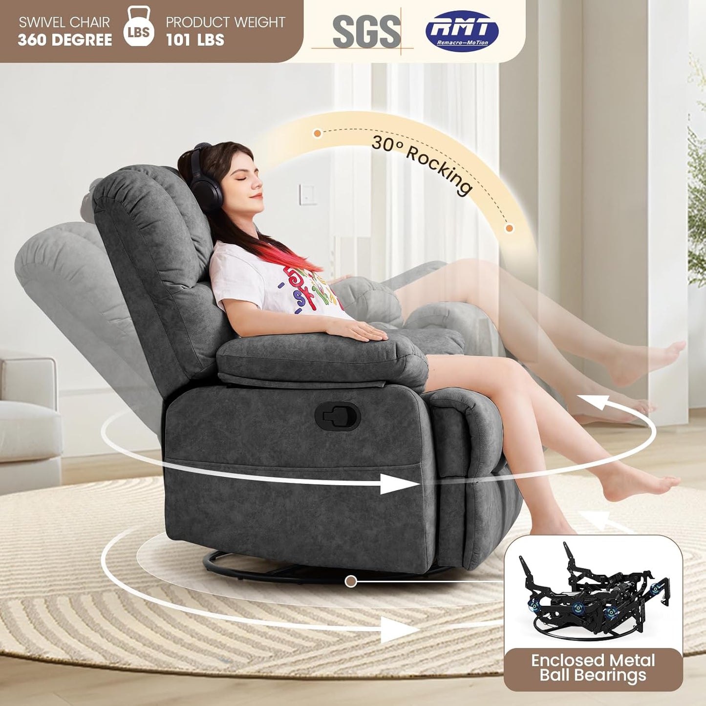 40" Oversized Swivel Rocker Recliner Chair for Big and Tall,Manual Glider Lazy Rocking Chairs for Living Room,Extra Wide Seat,High Back,Large Footrest,360 Swivel(Gray)