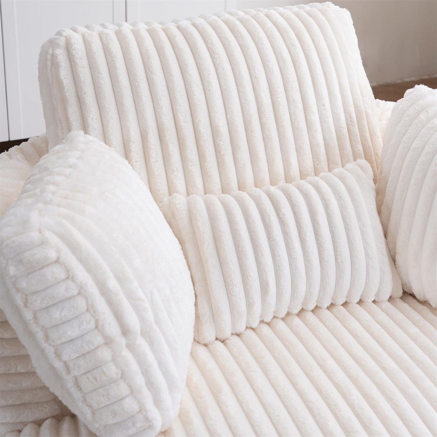 Swivel Barrel Chair with Pillows and Cushions,Corduroy Round Chair with Metal Base for Living Room (White)