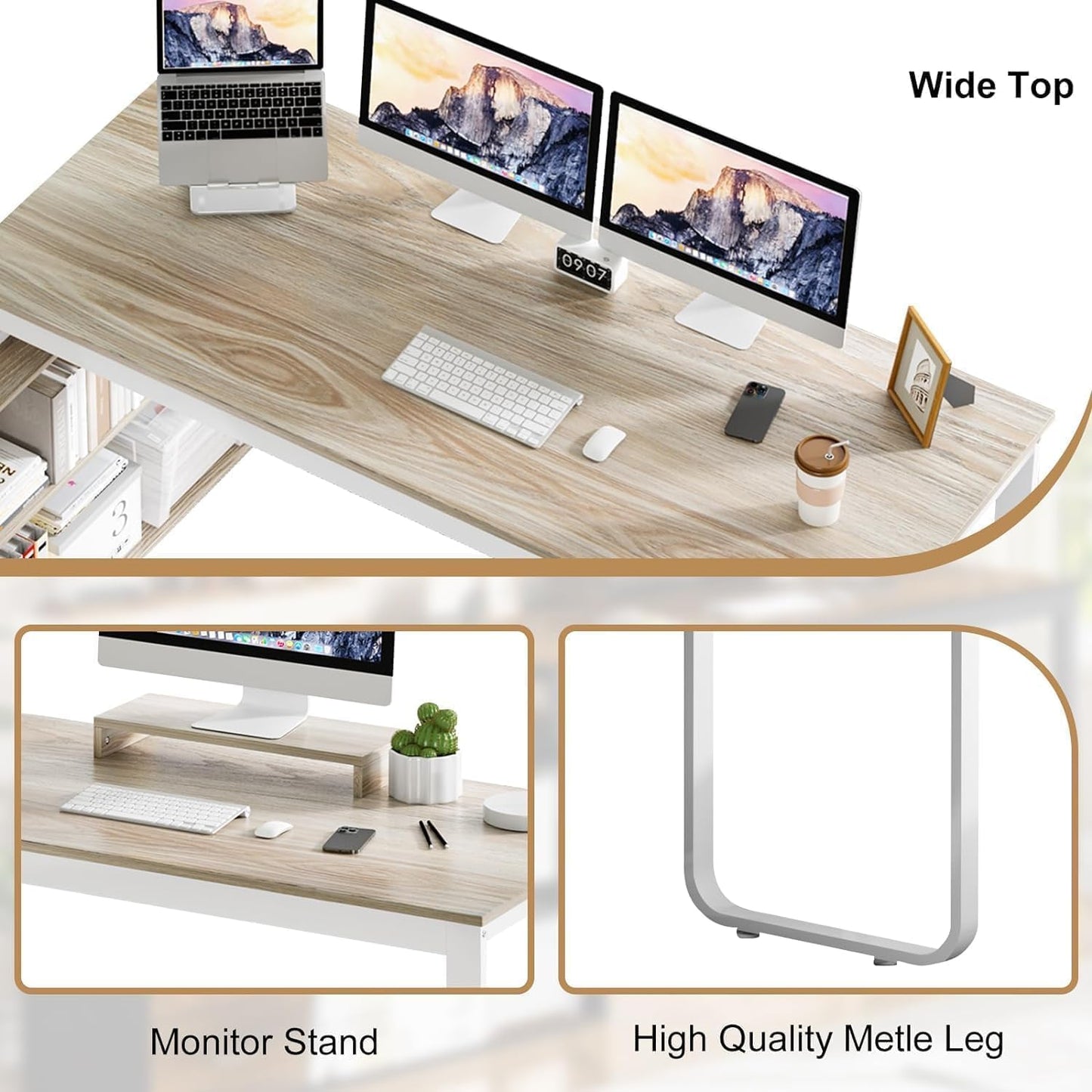 55 Inch Reversible L Shaped Computer Desk with 3 Drawers, Corner Desk with Storage Shelves and Removable Monitor Stand, White and Walnut