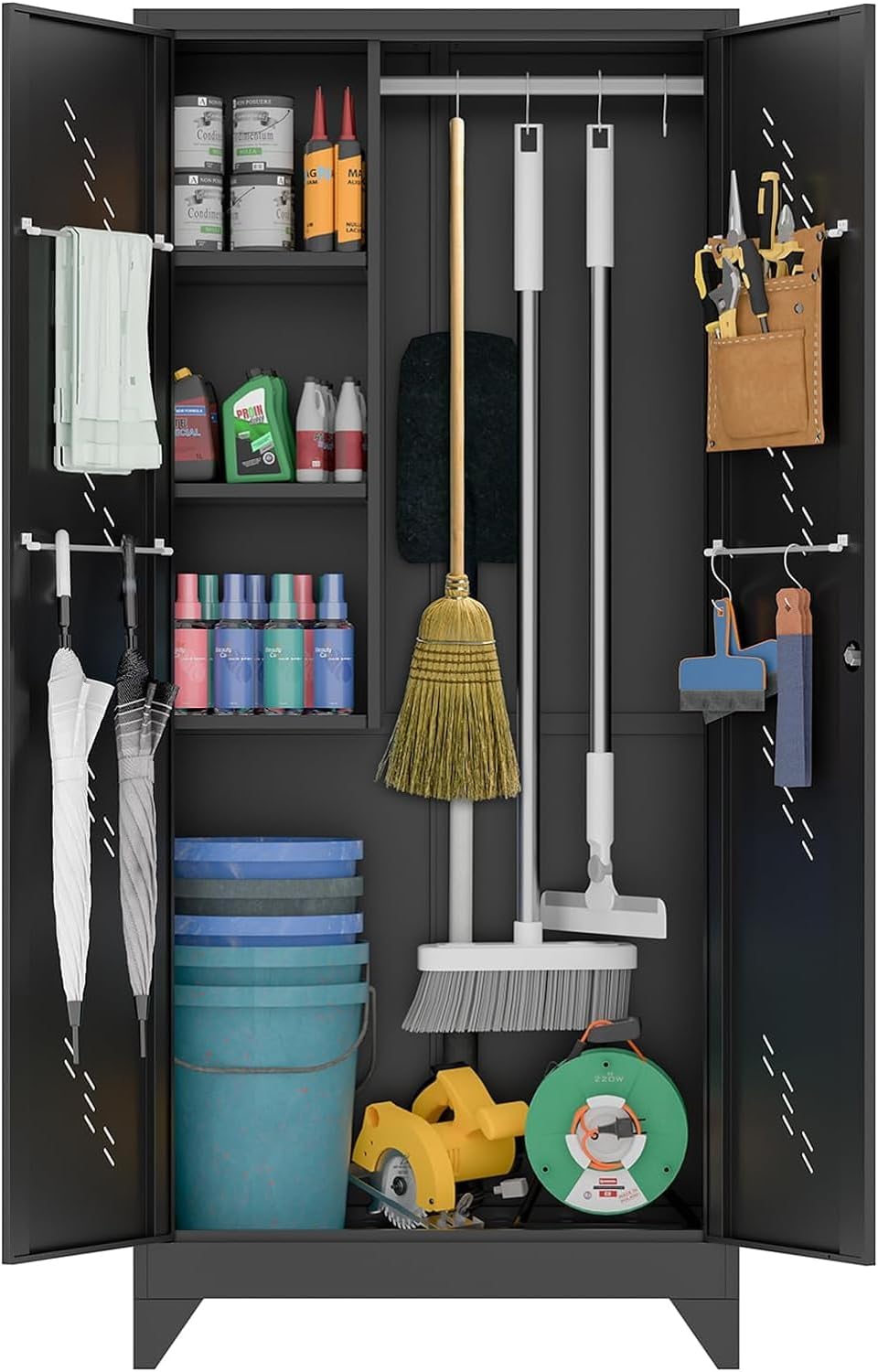 Storage Cabinets with Locking Doors,61" Tall Metal Cleaning Tool Cabinet,Broom Storage with Shelves for Laundry Room,Home Office (61" h Cabinet)