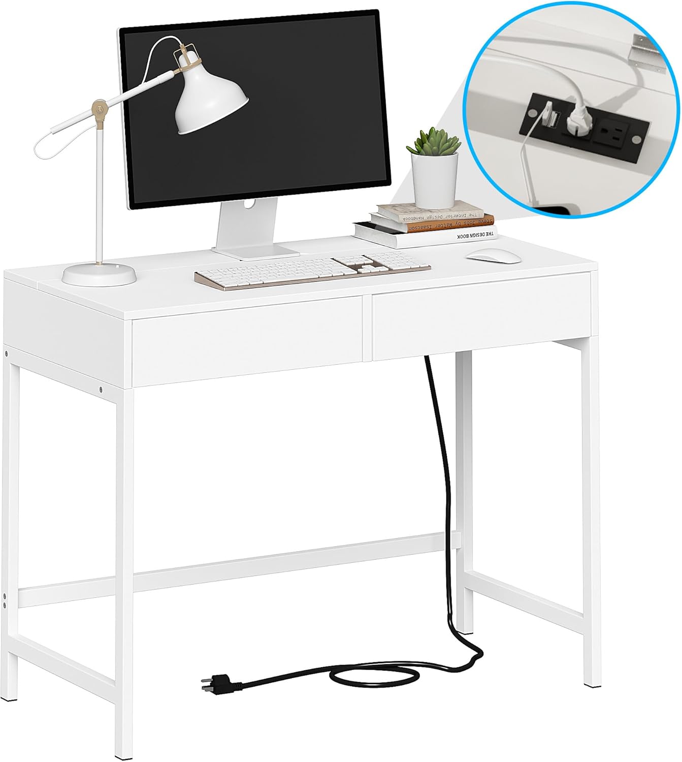 Treocho Computer Desk with USB Charging Ports and Power Outlets, Modern Simple 40 inch White Desk with 2 Drawers, Vanity Desk, Makeup Table for Home Office, Bedroom