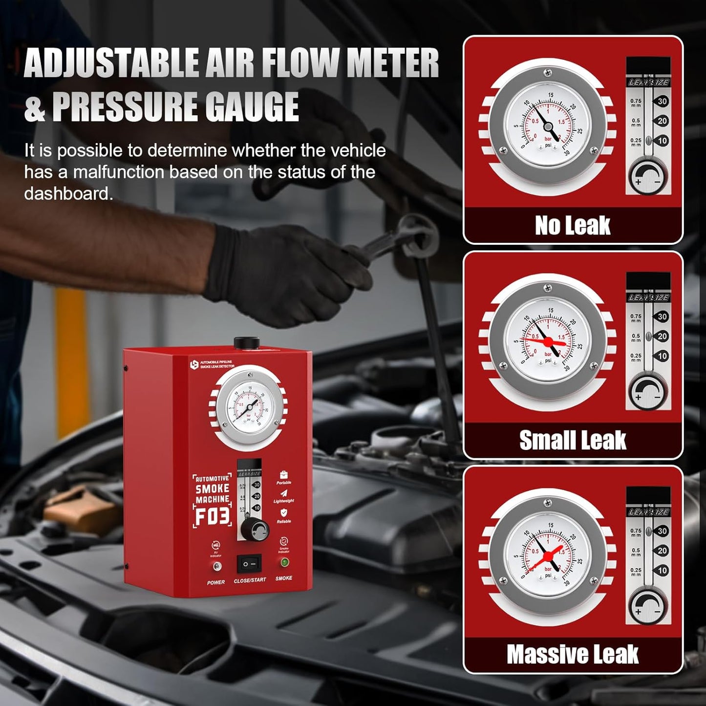 Smoke Machine Automotive with Flow Meter & Pressure Gauge, F03 EVAP Smoke Leak Detector Tester for Car & All 12V DC Vehicles in Vacuum - Fuel Diagnostic Pipe System, Built-in Air Pump (Oil Excluded)