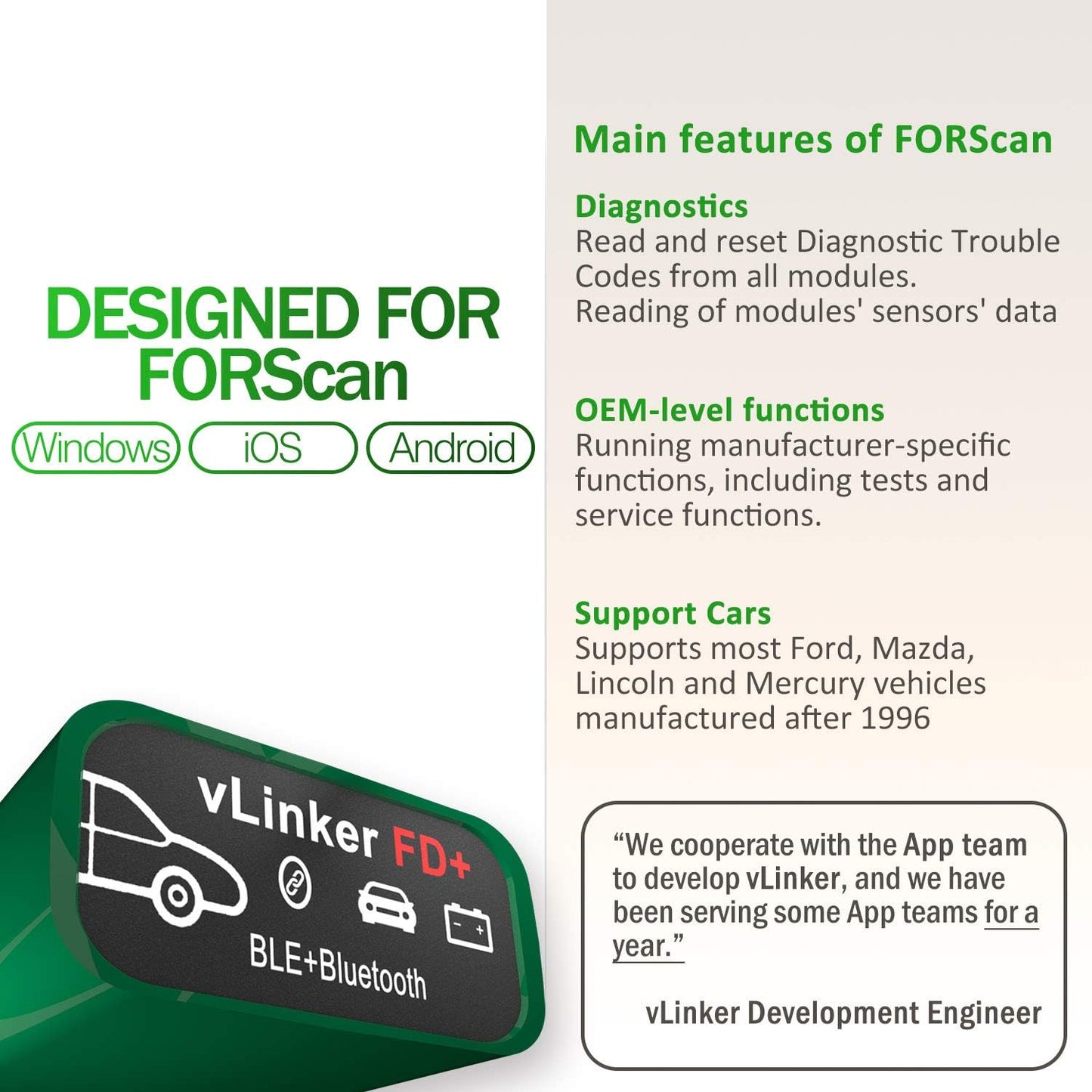 vgate vLinker FD Plus OBD2 Adapter Bluetooth BLE Scanner for FORScan, Work with iPhone, Android, and Windows