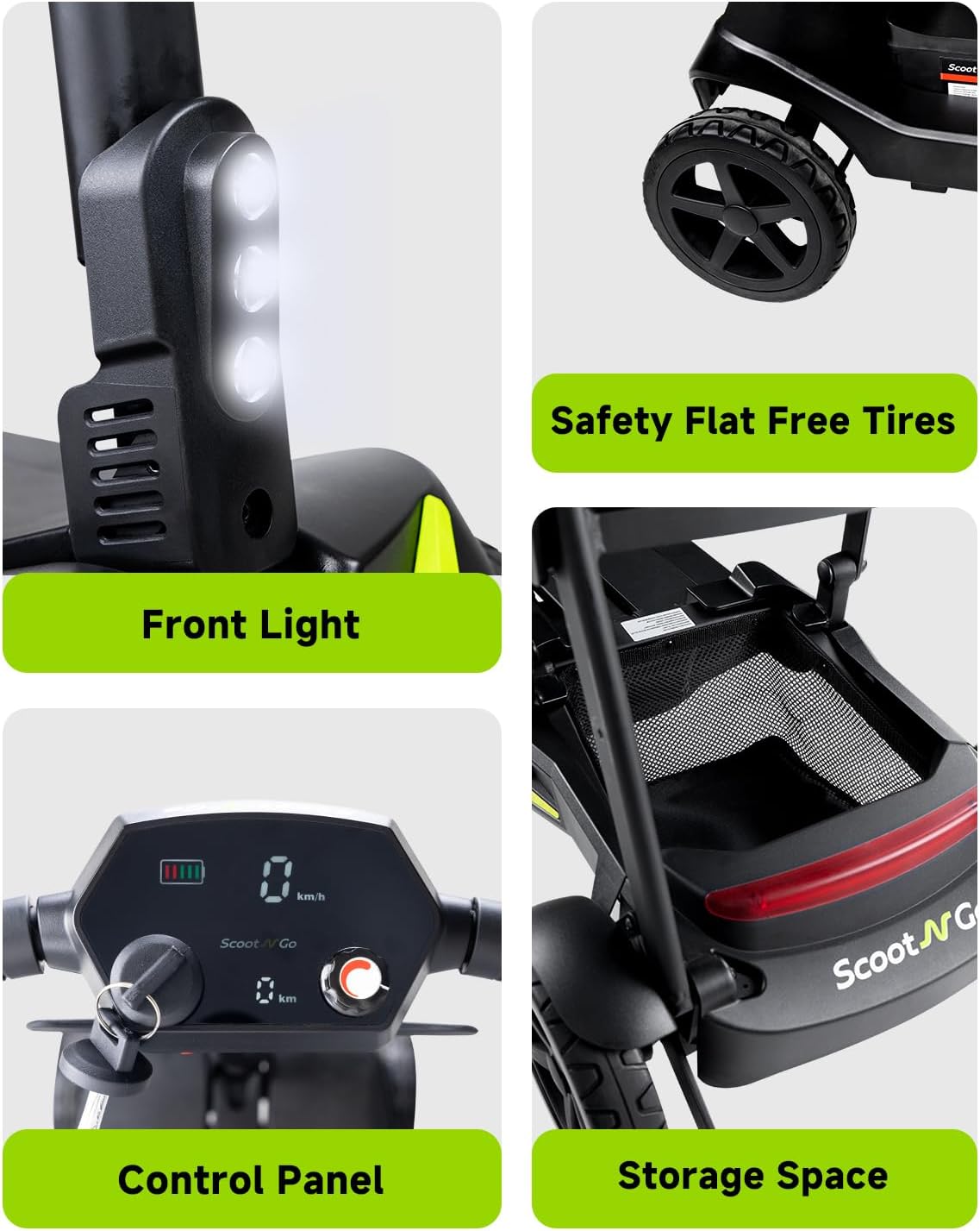 4 Wheel Mobility Scooter for Adults & Seniors Electric Powered Lightweight Foldable 5 MPH Speed 15 Miles Range Two Removable Batteries Airline Approved (Black Yellow, Standard)