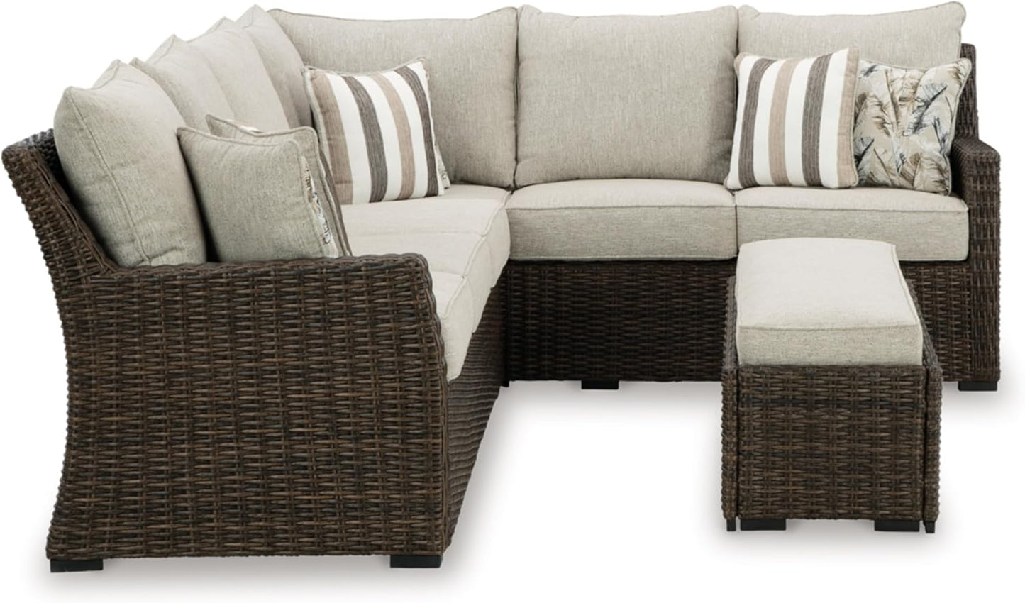 Signature Design by Ashley Brook Ranch Casual Weather Resistant Right Hand Facing Outdoor Sofa Sectional/Bench with Cushion and 6 Throw Pillows, Set of 3, Beige & Dark Brown