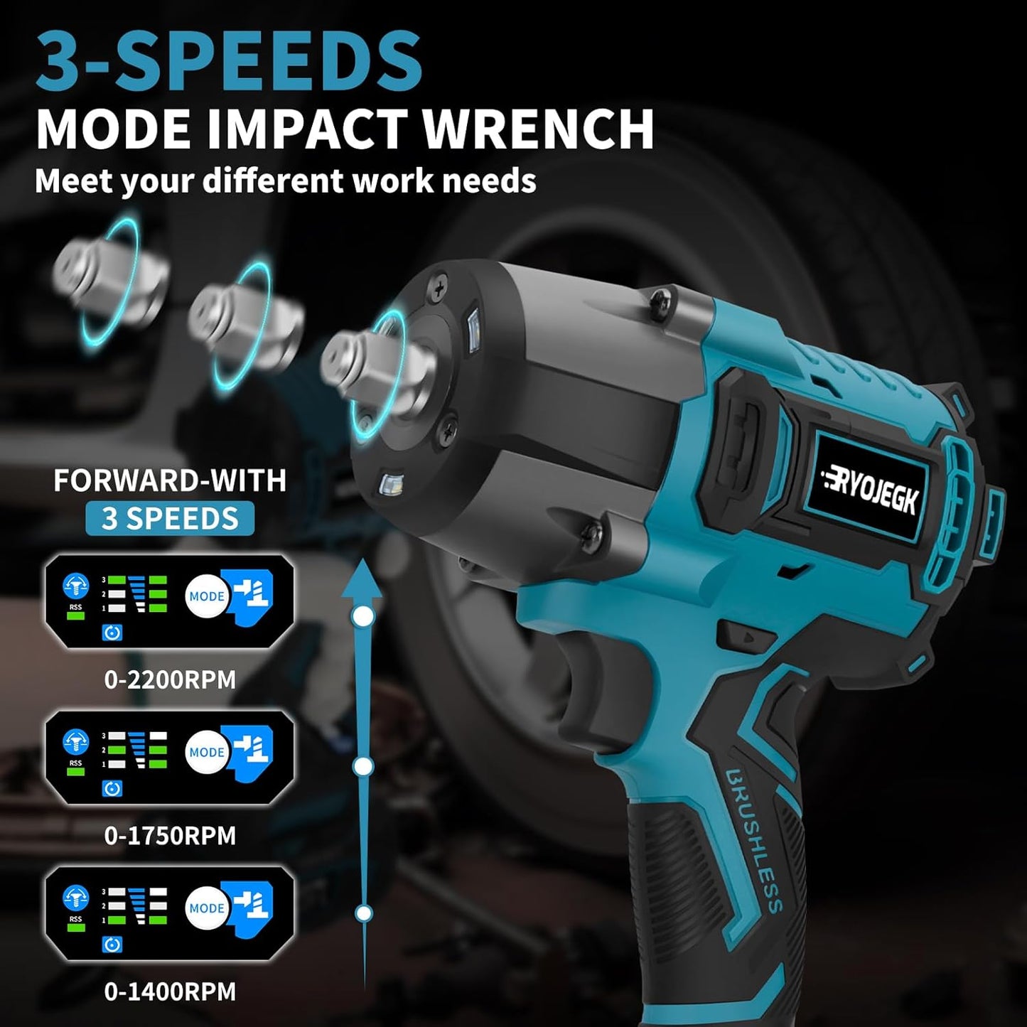 1500N.m Impact Wrench,1107Ft-lbs 1/2" Cordless Impact Gun,High Torque Brushless Power Impact Driver 3-Mode Speed with 2×4.0Ah Battery,Pistola de Impacto Set for Car Tire Truck RV Mower