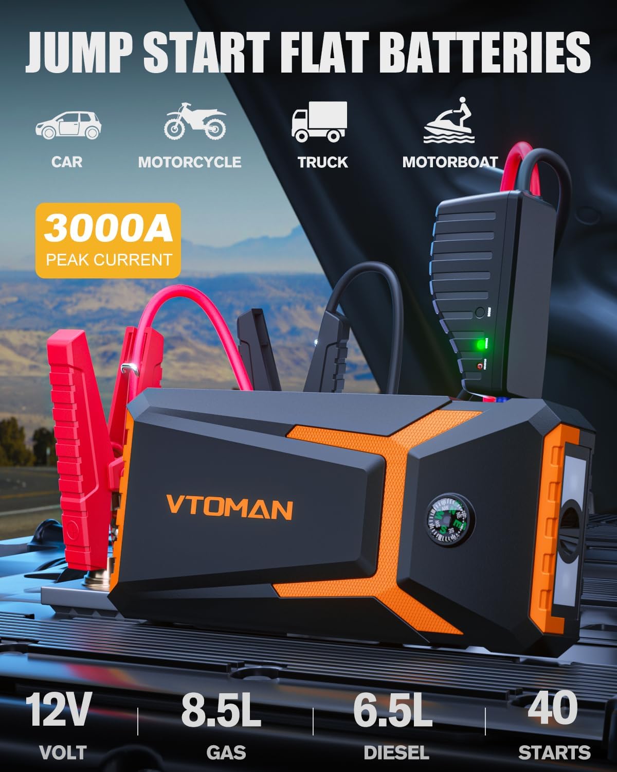 VTOMAN V8 Pro 3000A Jump Starter, Car Battery Charger Jump Starters for Up 8.5L Gas and 6.5L Diesel Engines, 12V Auto Lithium Battery Booster Pack, Portable Jump Box with Jumper Cable LCD Display