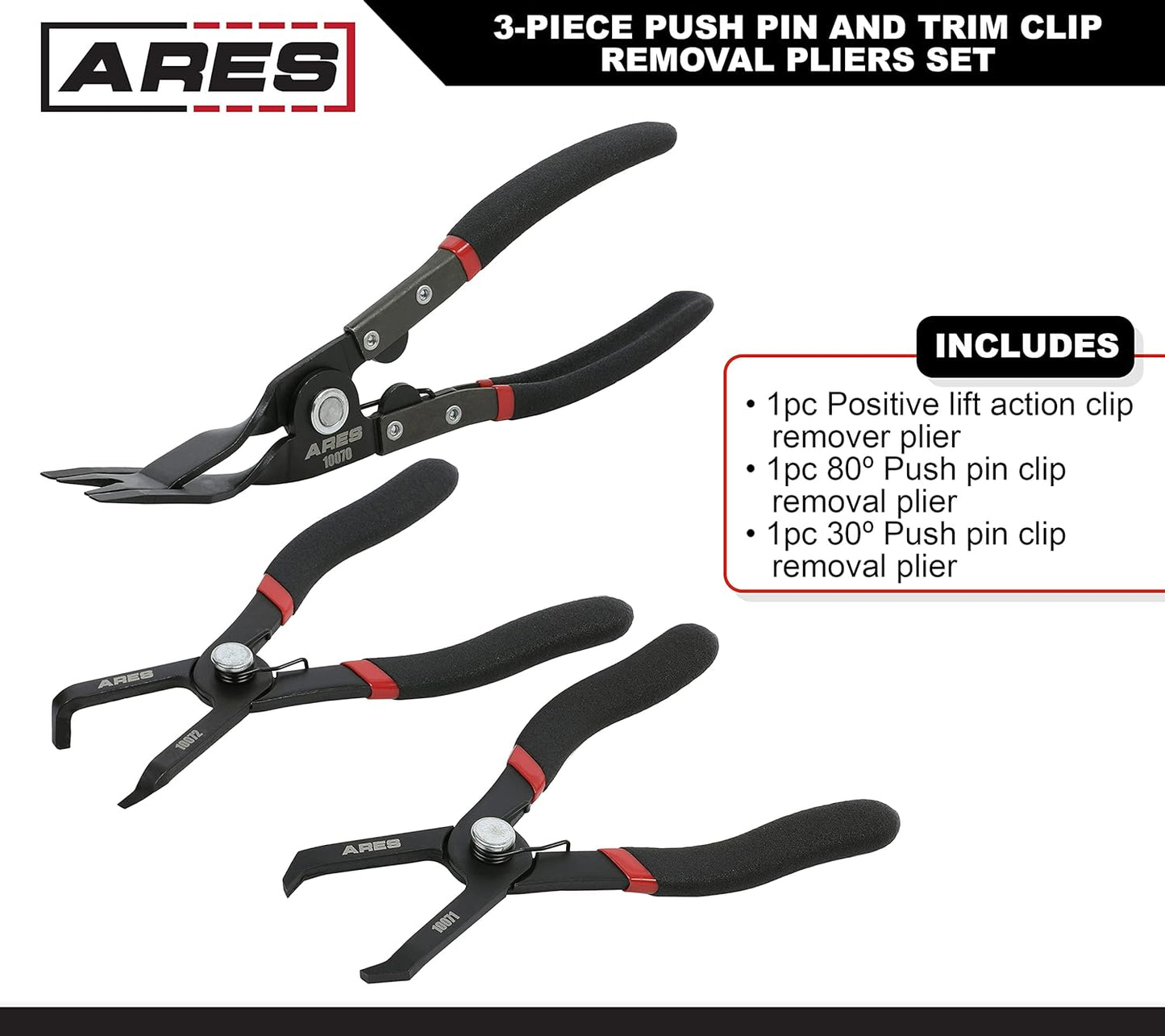 ARES 10074 – 3-Piece Push Pin and Trim Clip Removal Pliers Set – 30 Degree, 80 Degree, and Lift Action Pliers - Removes Push Pin and Press in Trim Clip Style Fasteners - Protects Trim and Fasteners