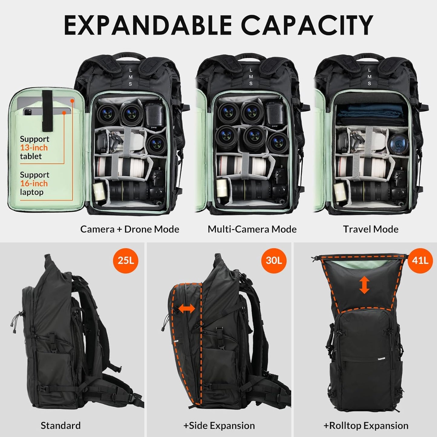 TARION Large Camera Backpack for Photographers - 35L Expandable DSLR Waterproof Camera Bag with 16" Laptop Compartment & Side Access & Adjustable Waist Strap & Rain Cover (Xprober)