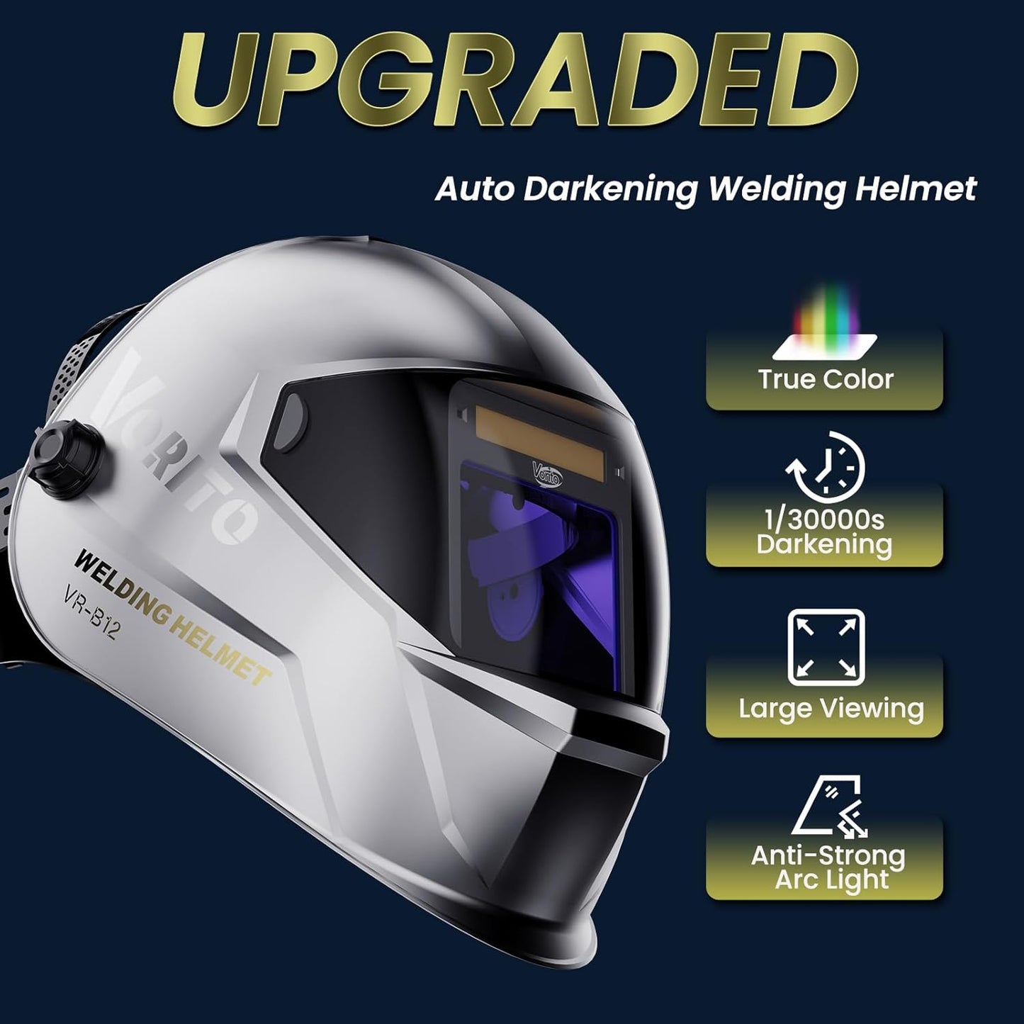 Welding Helmet Auto Darkening True Color Large Viewing, Welding Hood Solar/Battery Powered, Wide Shade 4/5-13 with 4 Arc Sensor, 1/1/1/1 Optical Clarity Welder Mask for TIG MIG Stick Cut Grind