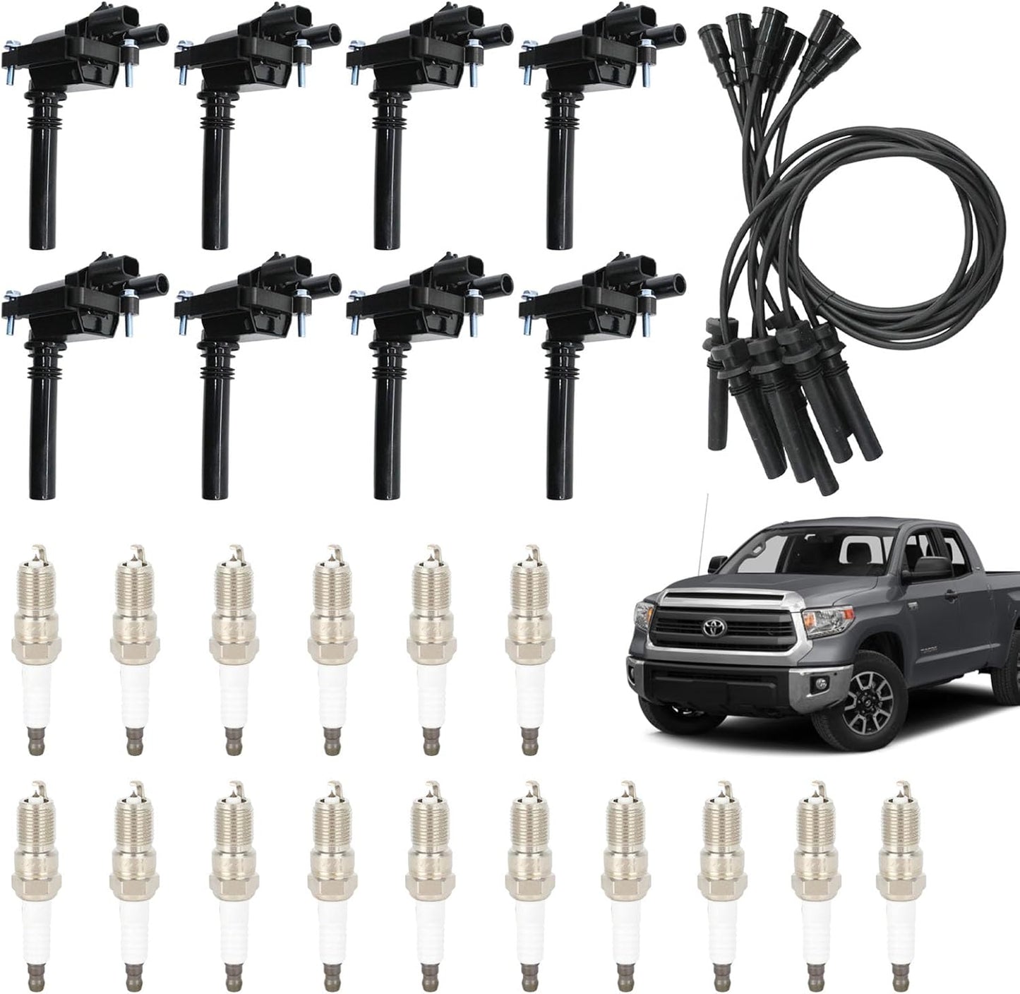 Set of 8 UF414 Round Ignition Coil Set with 41-962 Spark Plugs & 12192192 748UU Spark Plug Wires Set, Compatible with Chevrolet Chevy GMC 1500 2500 3500 4.8L 5.3L 6.0L, Replace C1512 D514A E894 IC534