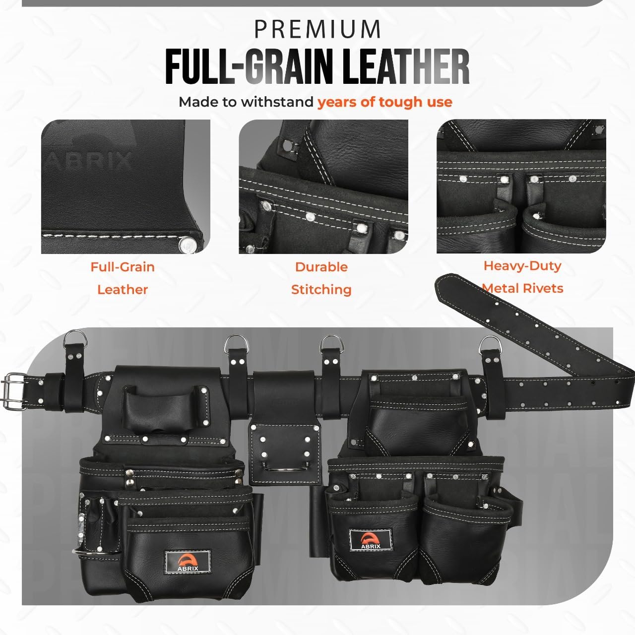 ABRIX Leather Tool Belt for Men – Heavy Duty 28 Pocket Tool Belts with Suspender, Adjustable (Fits 30" to 50"), – for Carpenters, Electricians, Contractors (Black, Extra Large)