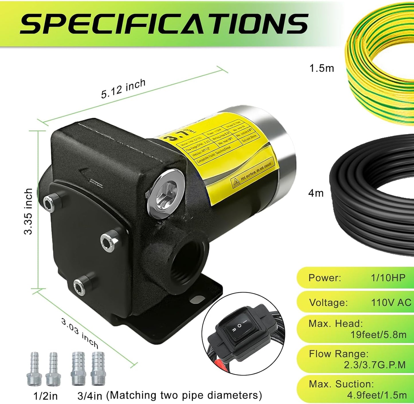110V Automatic Gasoline Fuel Transfer Pump with Forward and Reverse Pumping, 2.3/3.7 GPM Portable Self-priming Fuel Oil Transfer Pump for Gasoline, Diesel, Kerosene, Biodiesel and More