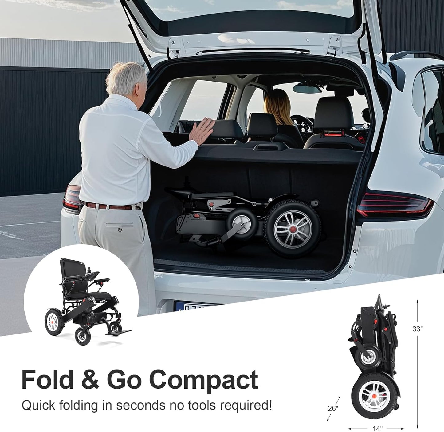 30 Miles Long Range Electric Wheelchair for Adults, Foldable Motorized Wheelchair with 2 Removable 10Ah Batteries, All Terrain Portable Power Wheelchairs for Senior, Airline Approved, Black