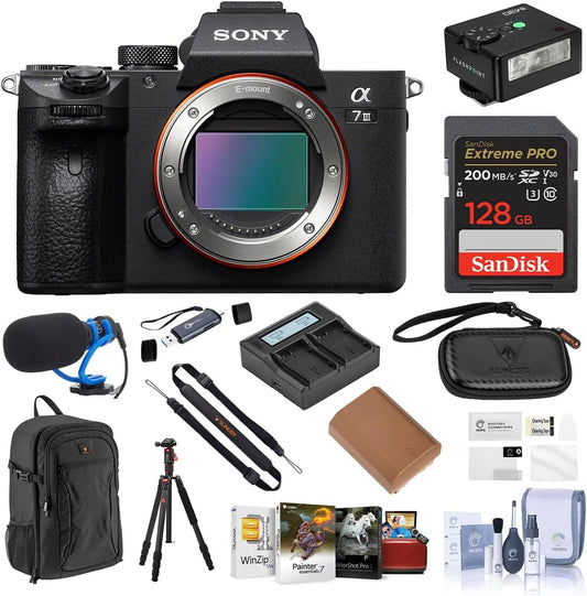 Sony Alpha a7 III Mirrorless Camera, Black, Bundle with 128GB Memory Card, Backpack, Tripod/Monopod, Extra Battery, Charger Kit, Flash, Microphone, OTG Card Reader, PC & Mac Software Kit