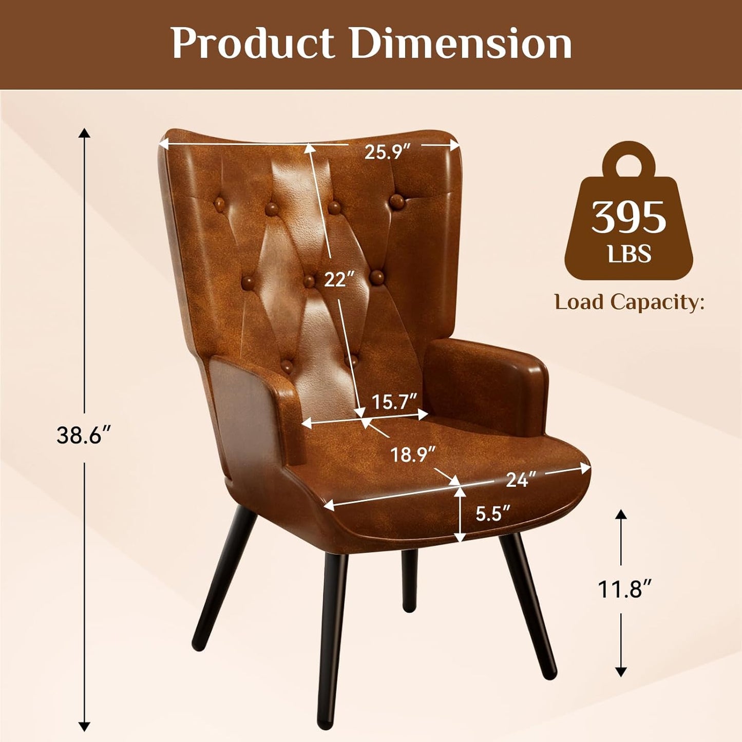 TLSUNNY PU Brown Accent Chair, Comfy Upholstered Armchair with Metal Legs, High Backrest Living Room Chair, Wingback Chair Mid Century Modern for Living Room/Vanity/Bedroom (2 pcs)