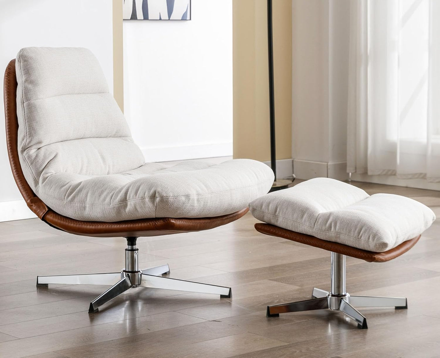 VESCASA Upholstered Swivel Accent Chair with Ottoman, Linen Reading Chair with Footrest, Comfy Lounge Chair Set with Foot Stool for Living Room/Bedroom/Indoor, Cream