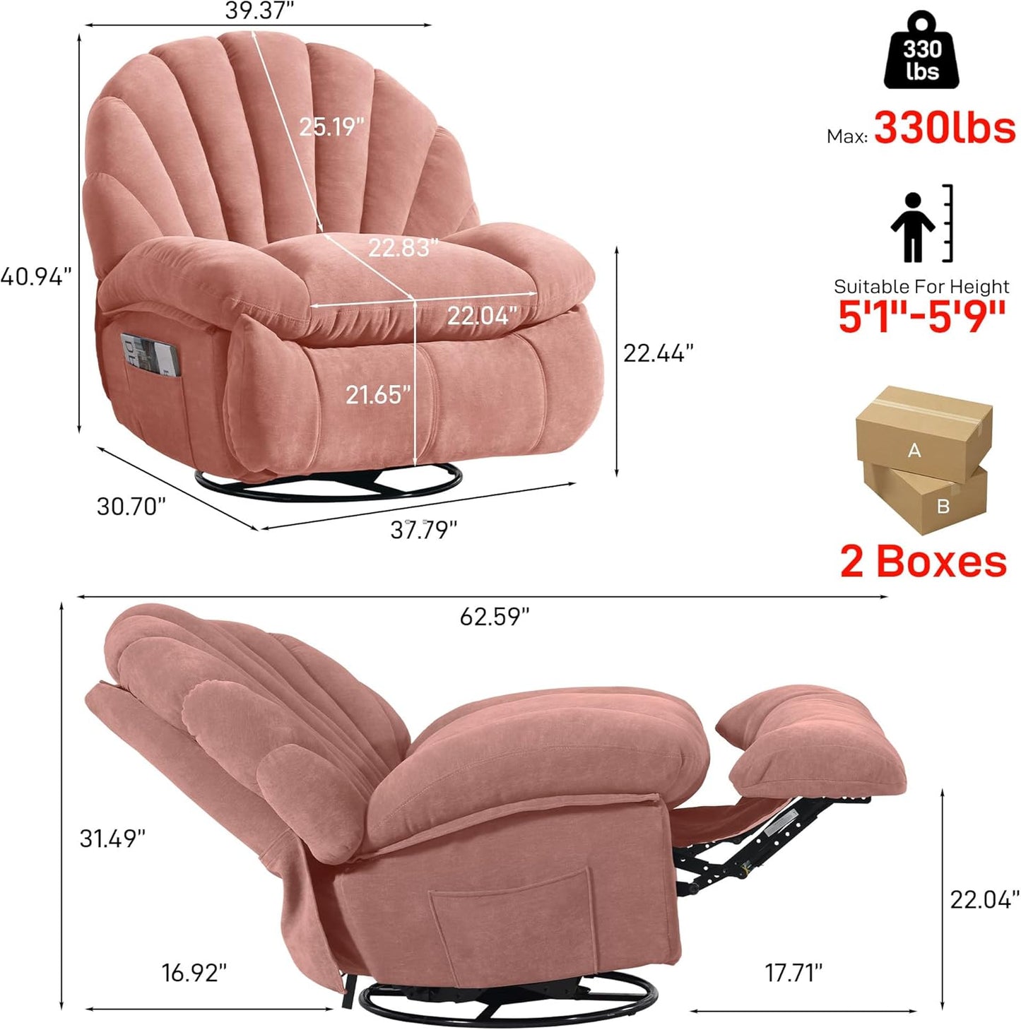 Swivel Rocker Recliner Chair for Living Room – 360° Silent Rotation, Adjustable Backrest 110°-150°, Soft Fabric, Shell Backrest, Large Side Pockets, 330lbs Capacity (Regular Model, Pink)