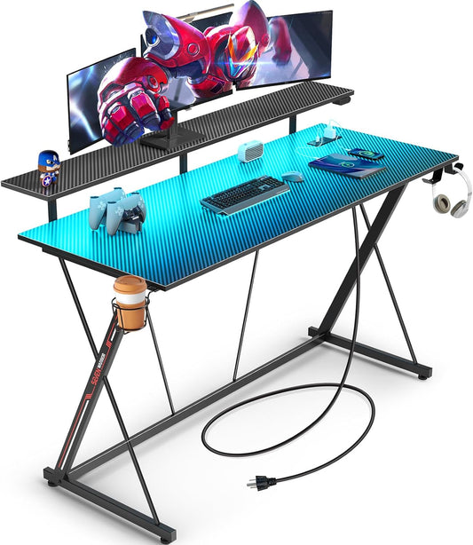 SEVEN WARRIOR Z Shaped Gaming Desk with LED Lights & Power Outlets, 47" Computer Desk with Monitor Shelf, Home Office Desk with Cup Holder and Headphone Hook, Ergonomic, Carbon Fiber Surface Black