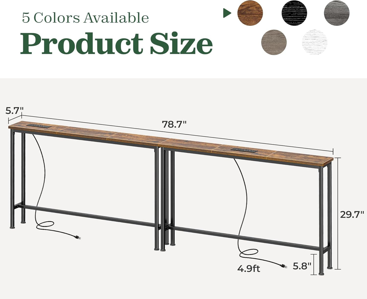 SUPERJARE 78.8 inch Narrow Console Table with Outlet, Sofa Table Set of 2, Behind Couch Table, Long Entryway Tables with Charging Station, for Living Room, Rustic Brown