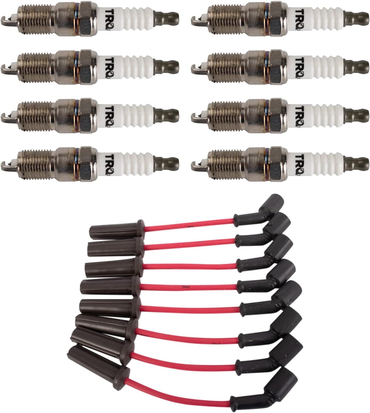 TRQ Performance Ignition Kit Spark Plugs Wire Set Red Compatible with 02-06 Cadillac 97-07 Chevrolet 99-07 GMC 03-07 Hummer 99-02 Pontiac