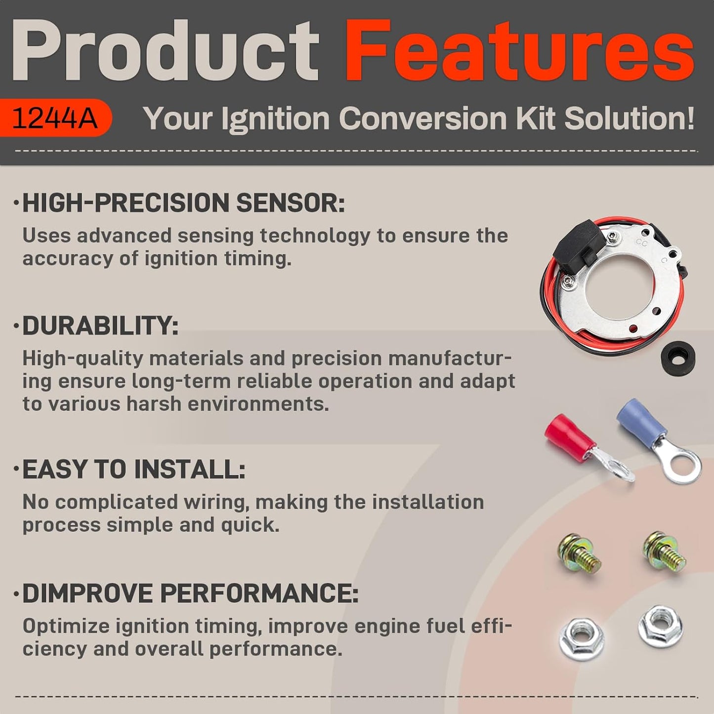1244A Electronic Ignition Conversion Kit Compatible With Ford Tractors 2N 8N 9N 4 Cylinder Series 500 to 800, Side Mount Distributor & 12V Only