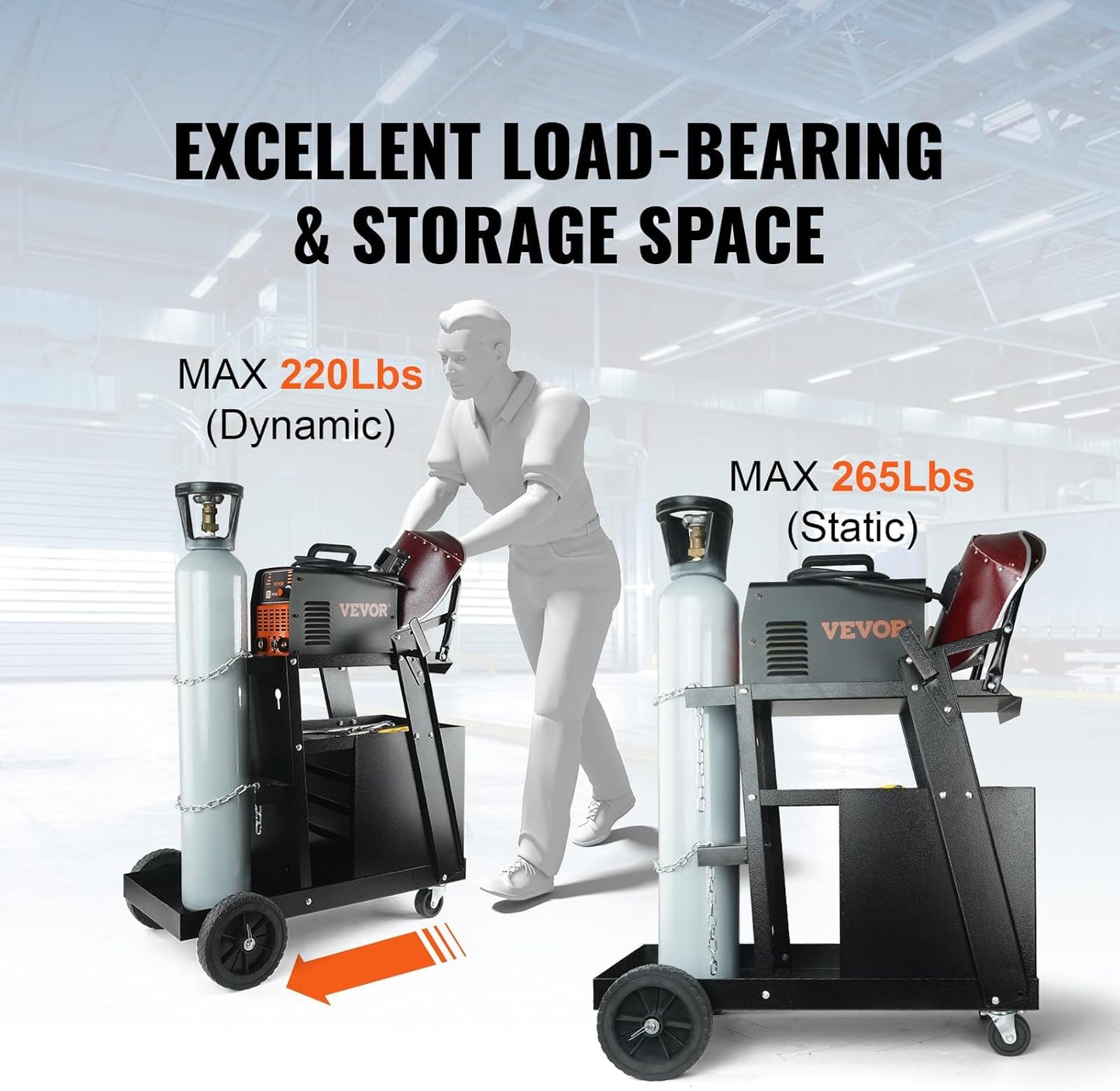VEVOR Welding Cart, 2-Tier 4 Drawers with 265LBS Static Weight Capacity, 360° Swivel Wheels, Tank Storage Safety Chains, Heavy Duty Rolling MIG Welder Cart for Mig Welder and Plasma Cutter